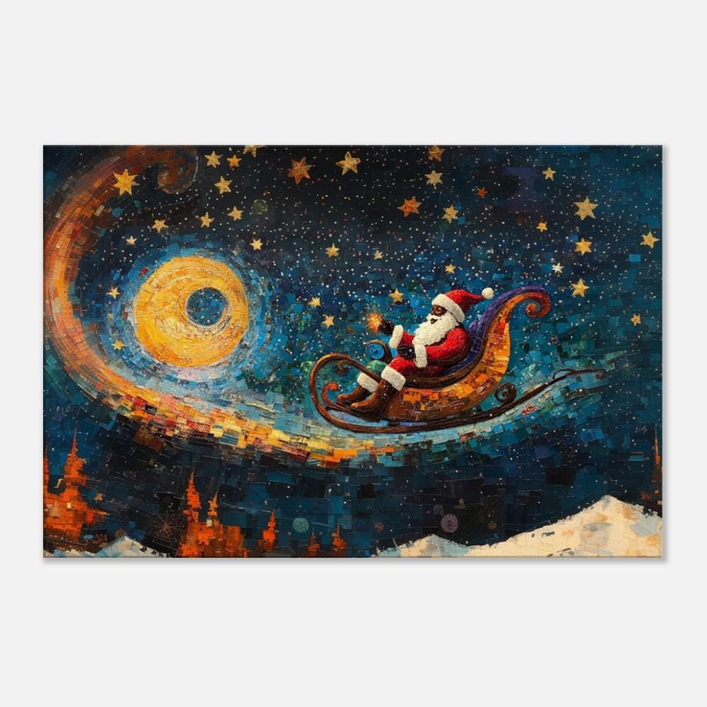 Black Santa Canvas Print - Stellar Sleigh Ride Holiday Decor, Vibrant Kids Room Art - MoomZee Artwork -