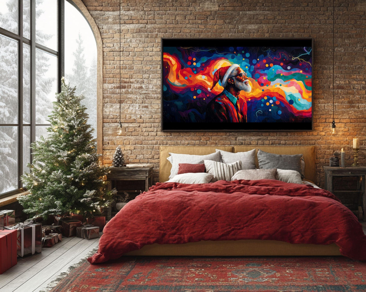 Black Santa Canvas Print - Vibrant Abstract Christmas Art for Living Room Decor & Gifts - MoomZee Artwork -