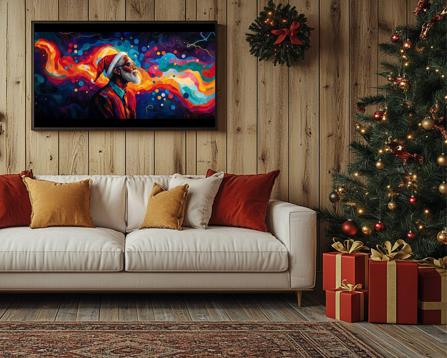 Black Santa Canvas Print - Vibrant Abstract Christmas Art for Living Room Decor & Gifts - MoomZee Artwork -