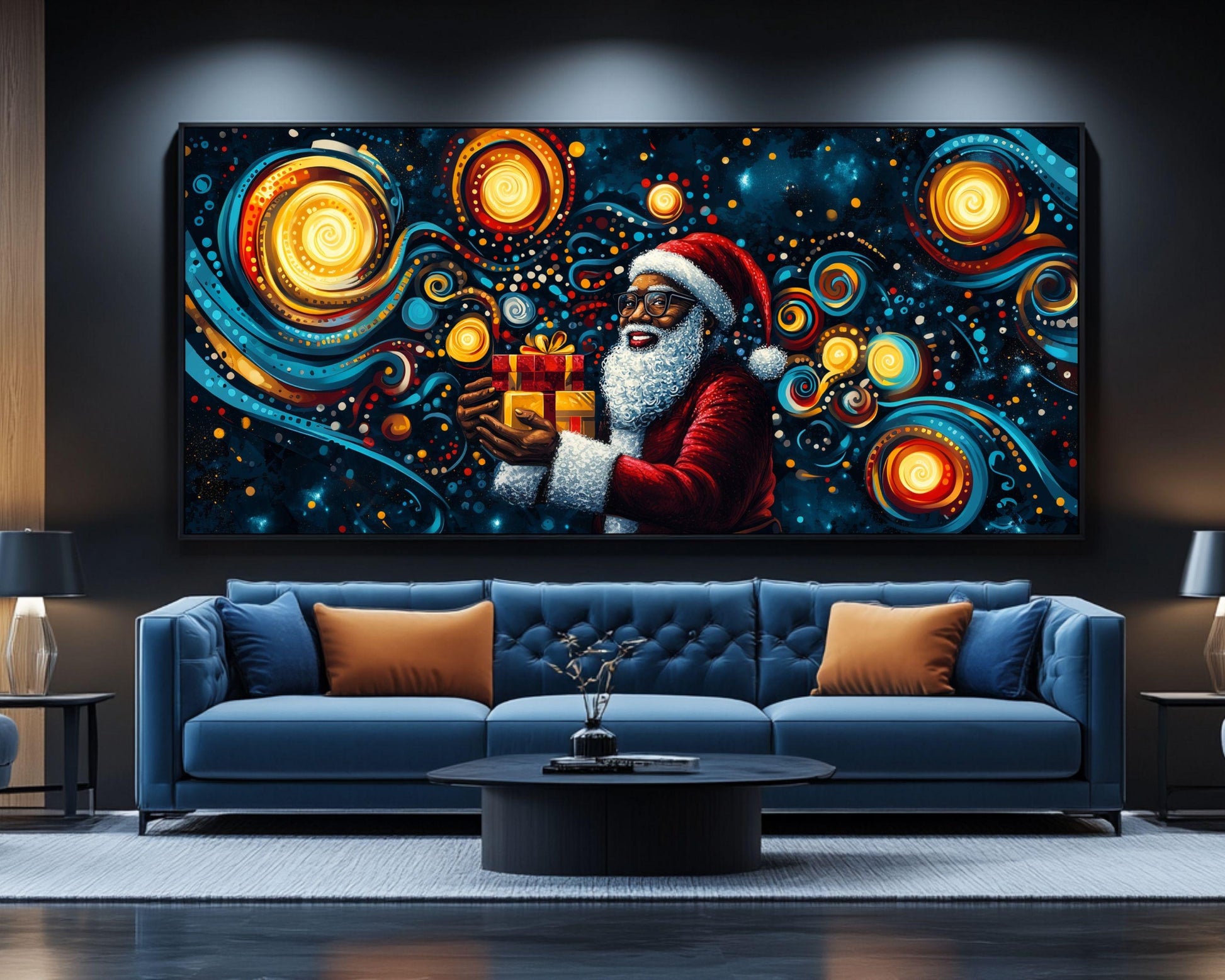 Black Santa Christmas Canvas Print - Alma Thomas-Inspired Art for Festive Home Decor - MoomZee Artwork -