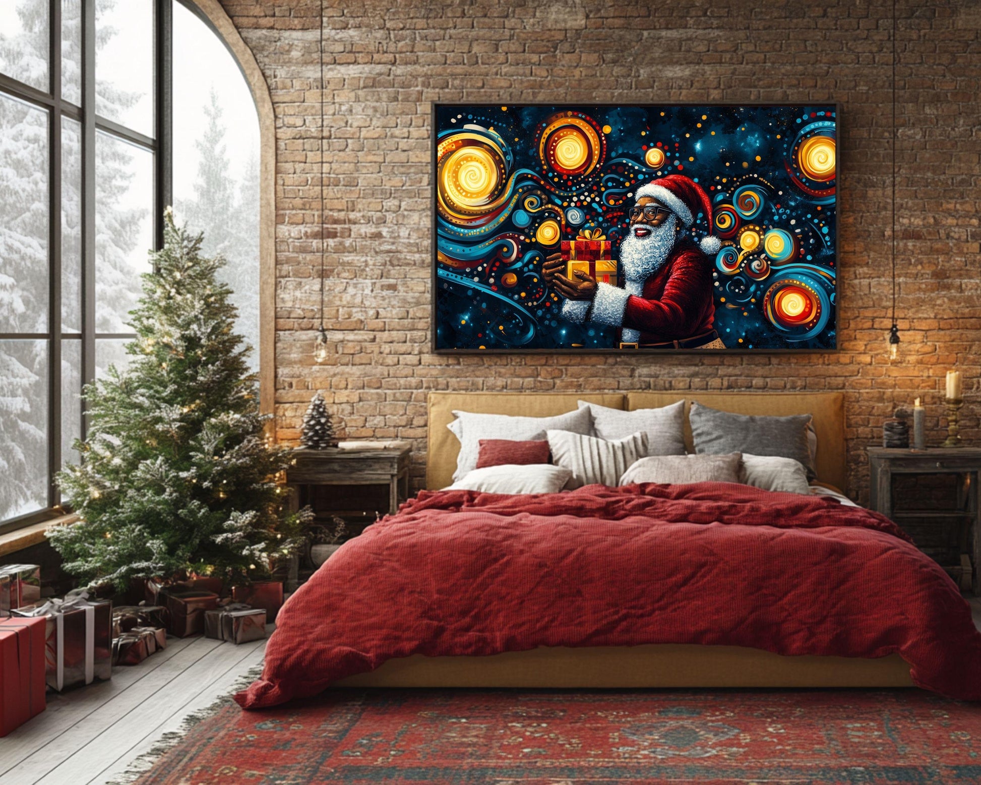 Black Santa Christmas Canvas Print - Alma Thomas-Inspired Art for Festive Home Decor - MoomZee Artwork -