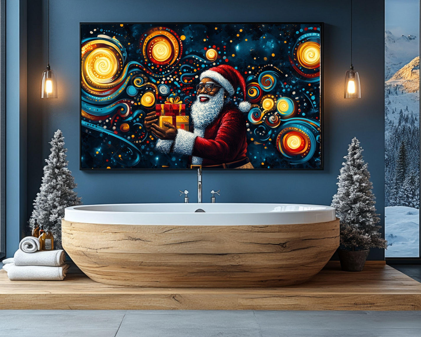 Black Santa Christmas Canvas Print - Alma Thomas-Inspired Art for Festive Home Decor - MoomZee Artwork -