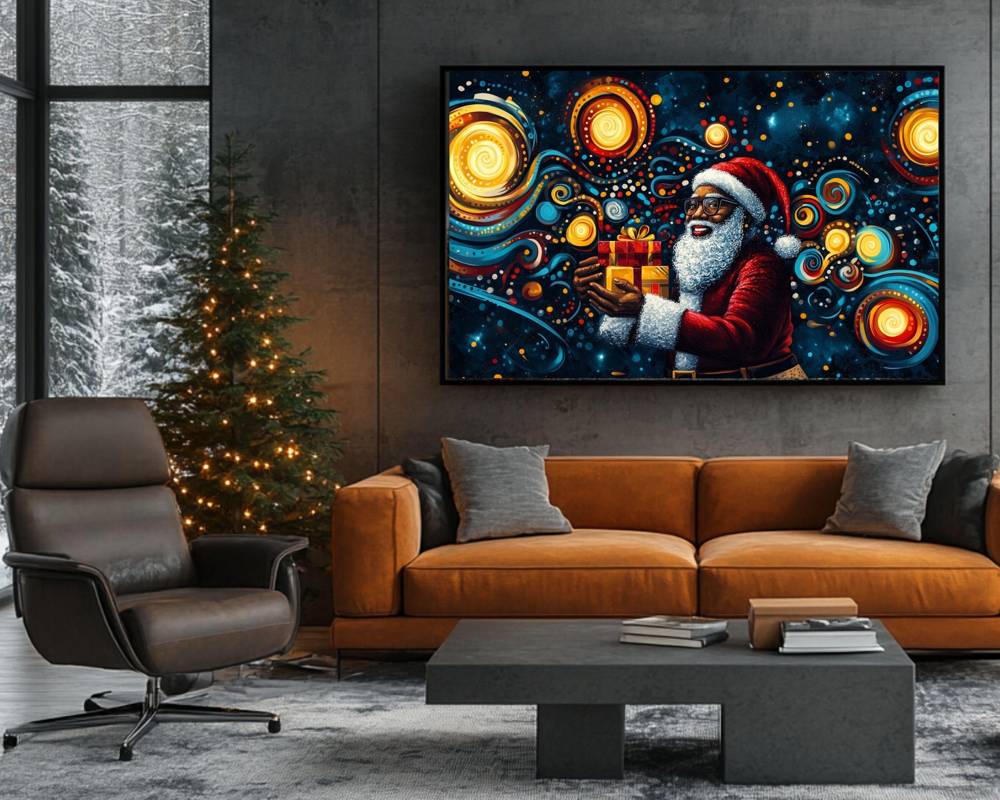 Black Santa Christmas Canvas Print - Alma Thomas-Inspired Art for Festive Home Decor - MoomZee Artwork -