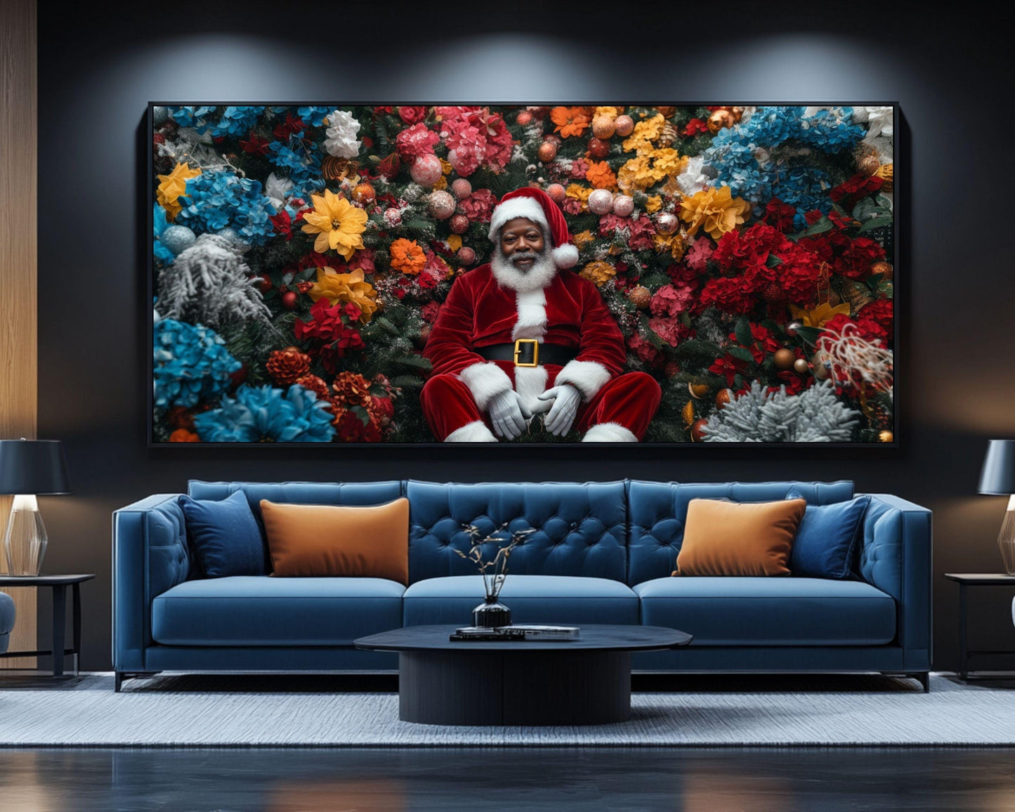 Black Santa Floral Christmas Art - Premium Canvas Print, Holiday Living Room Decor - MoomZee Artwork -