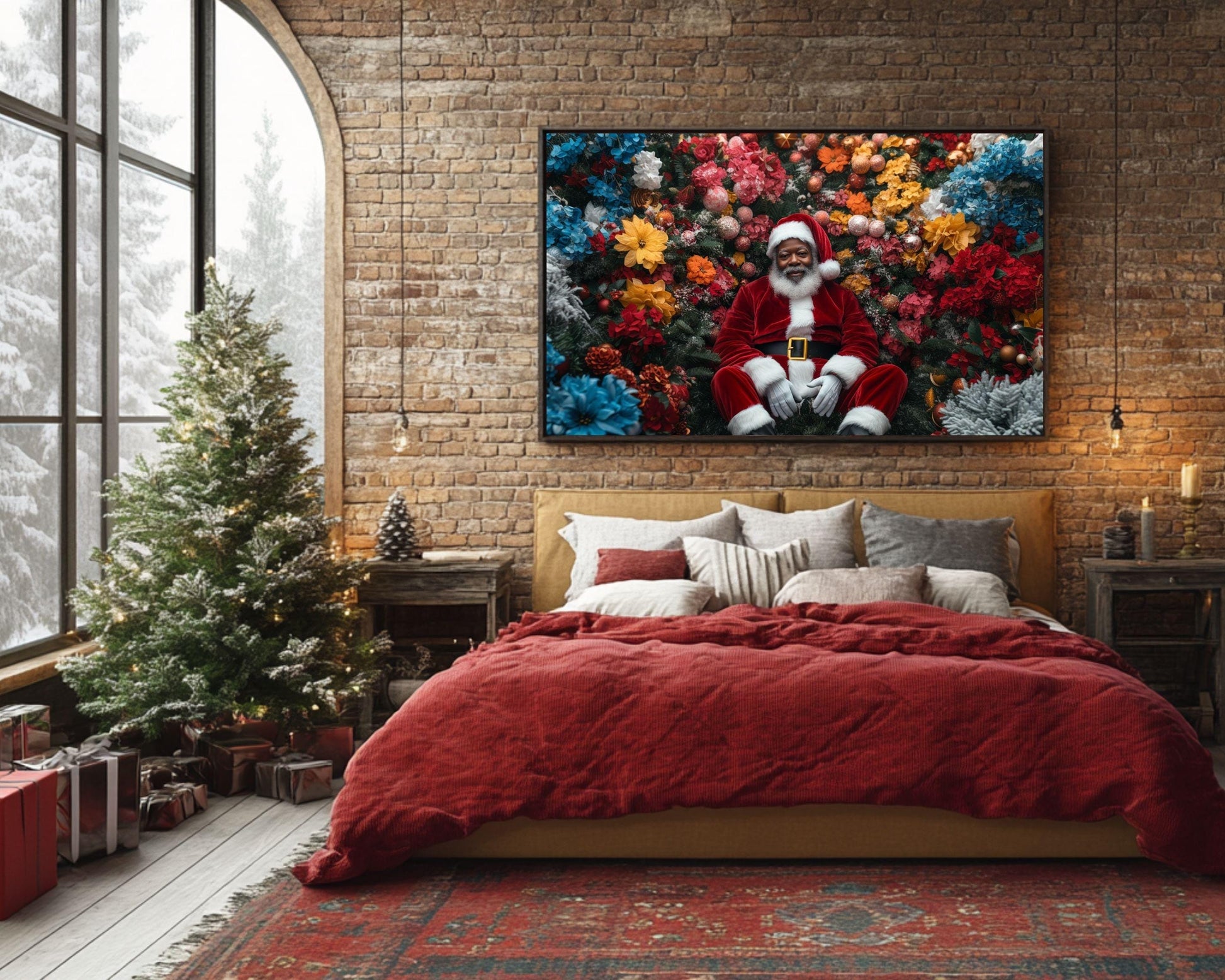 Black Santa Floral Christmas Art - Premium Canvas Print, Holiday Living Room Decor - MoomZee Artwork -