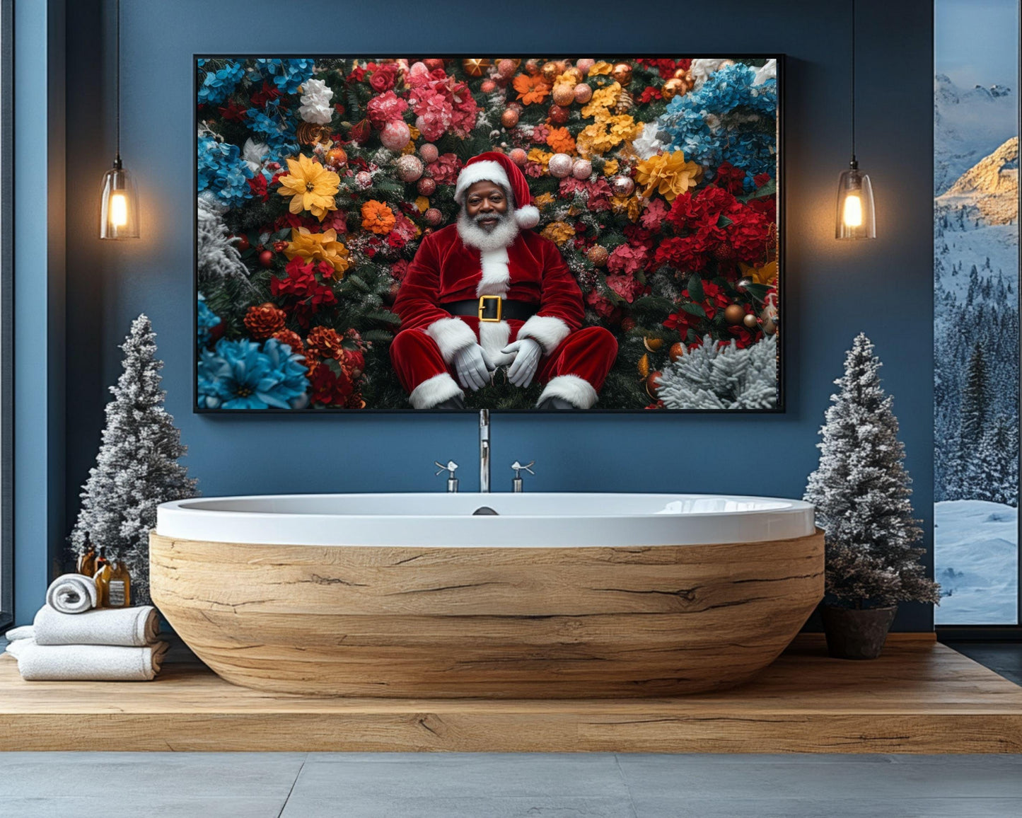 Black Santa Floral Christmas Art - Premium Canvas Print, Holiday Living Room Decor - MoomZee Artwork -