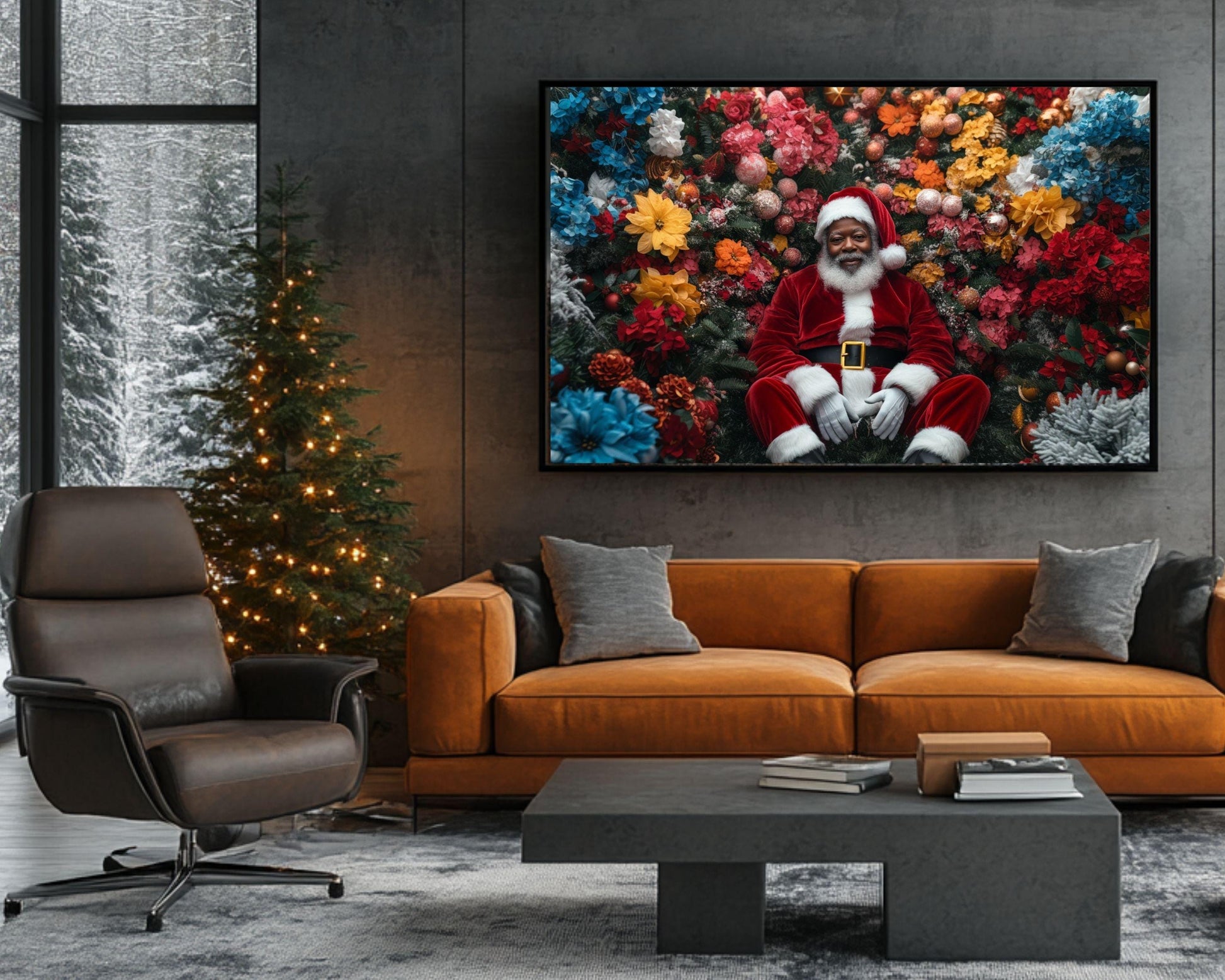 Black Santa Floral Christmas Art - Premium Canvas Print, Holiday Living Room Decor - MoomZee Artwork -