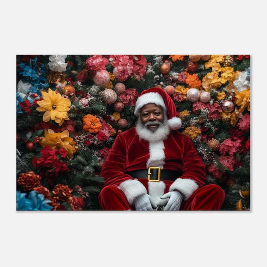 Black Santa Floral Christmas Art - Premium Canvas Print, Holiday Living Room Decor - MoomZee Artwork -