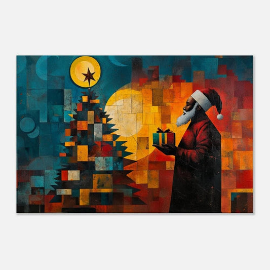 Black Santa Geometric Canvas Print - Modern Christmas Art for Kids Room Decor - MoomZee Artwork -