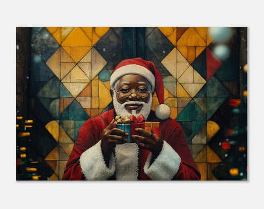 Black Santa Holding Christmas Gifts | African American Holiday Art | Festive Christmas Canvas | Joyful Santa Scene for Holiday Decor - MoomZee Artwork - Posters, Prints, & Visual Artwork