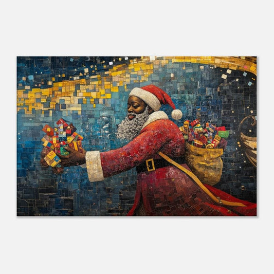 Black Santa Quilt-Style Canvas Print | Christmas Art for Holiday Decor & Cultural Celebration - MoomZee Artwork -