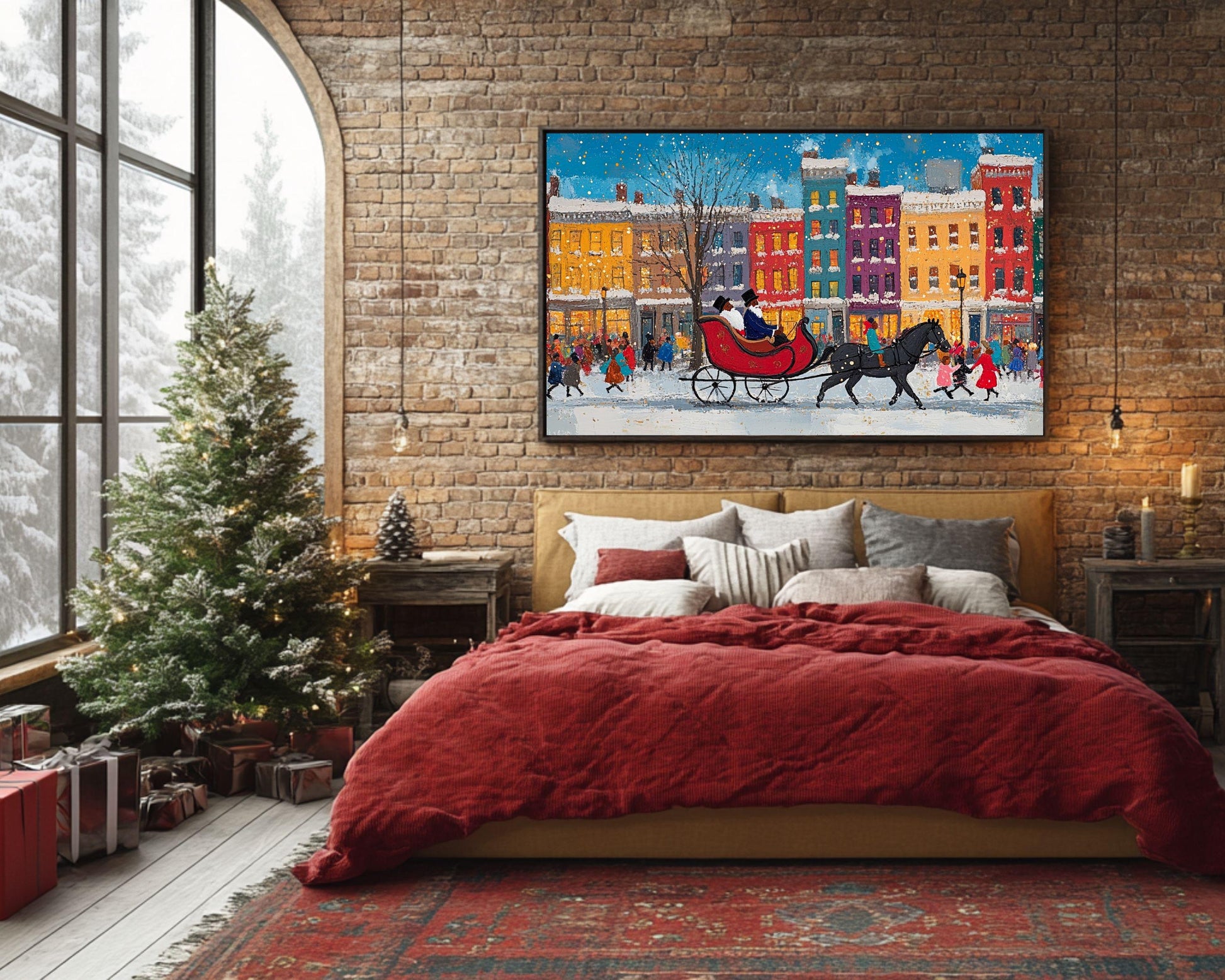 Black Santa Sleigh Ride Canvas Print - Holiday Decor Inspired by Jacob Lawrence for Vibrant Kids Room Display - MoomZee Artwork -