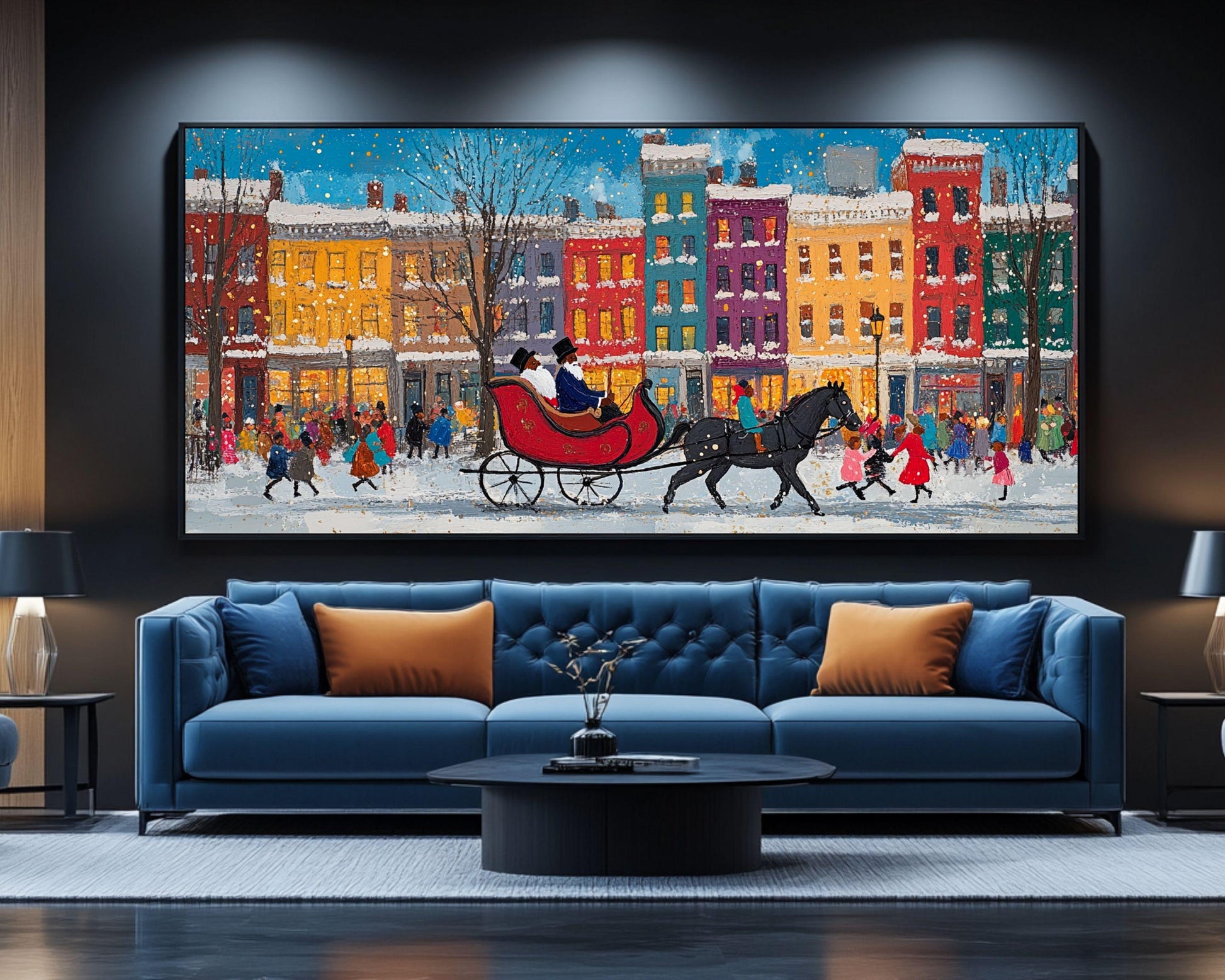 Black Santa Sleigh Ride Canvas Print - Holiday Decor Inspired by Jacob Lawrence for Vibrant Kids Room Display - MoomZee Artwork -