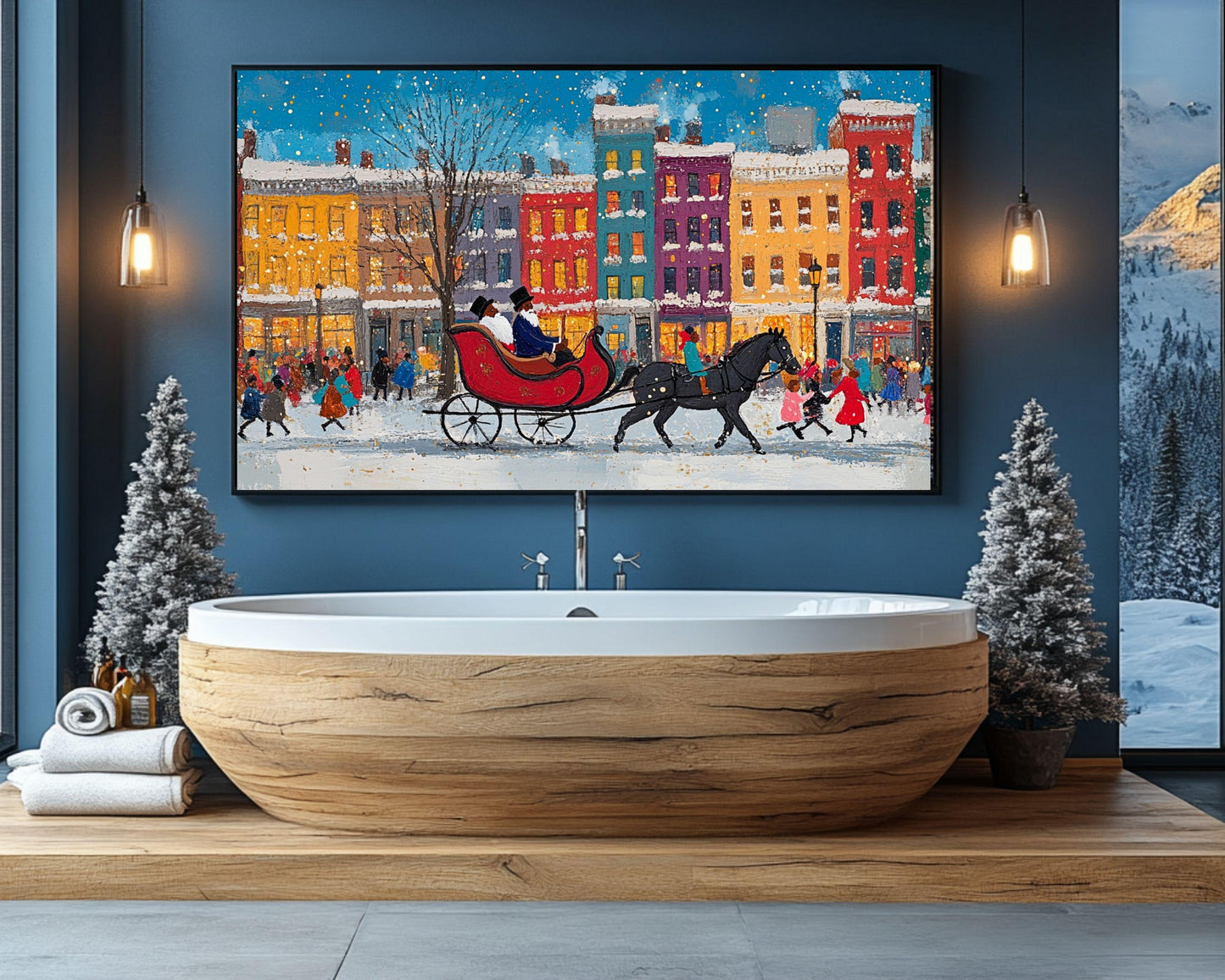 Black Santa Sleigh Ride Canvas Print - Holiday Decor Inspired by Jacob Lawrence for Vibrant Kids Room Display - MoomZee Artwork -