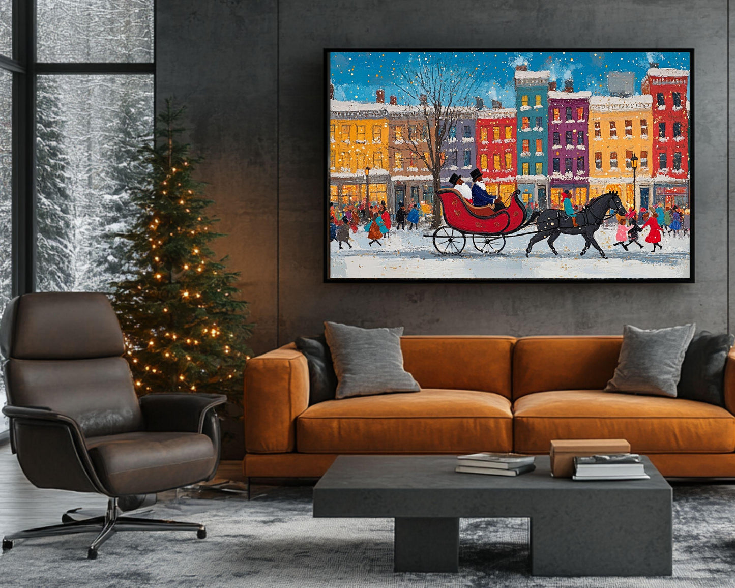 Black Santa Sleigh Ride Canvas Print - Holiday Decor Inspired by Jacob Lawrence for Vibrant Kids Room Display - MoomZee Artwork -