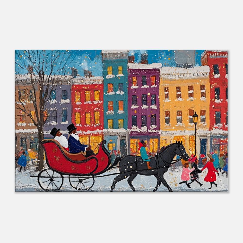 Black Santa Sleigh Ride Canvas Print - Holiday Decor Inspired by Jacob Lawrence for Vibrant Kids Room Display - MoomZee Artwork -