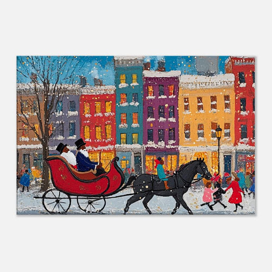 Black Santa Sleigh Ride Canvas Print - Holiday Decor Inspired by Jacob Lawrence for Vibrant Kids Room Display - MoomZee Artwork -