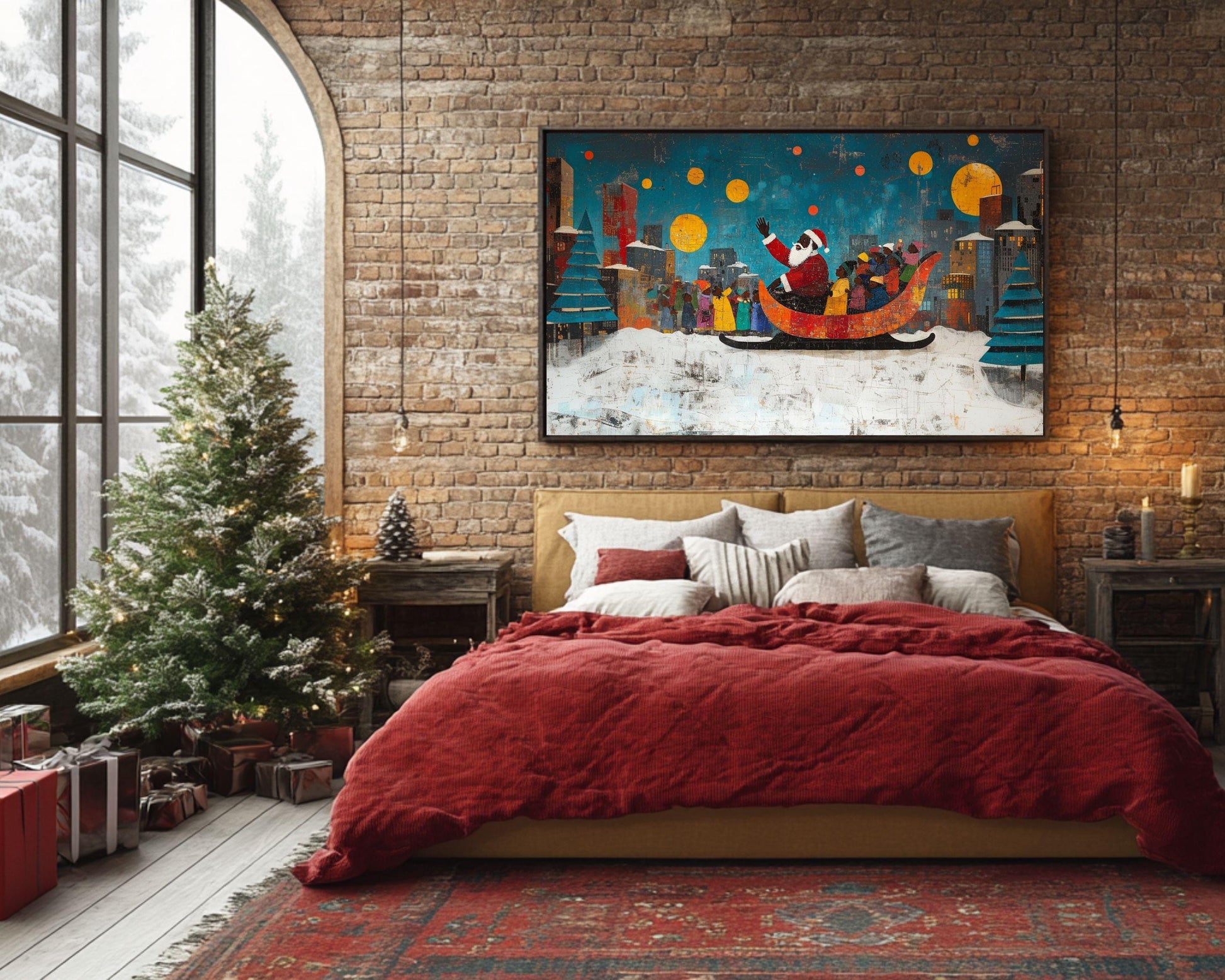 Black Santa Urban Christmas Art Canvas Print - Vibrant Holiday Decor for Kids Room - MoomZee Artwork -