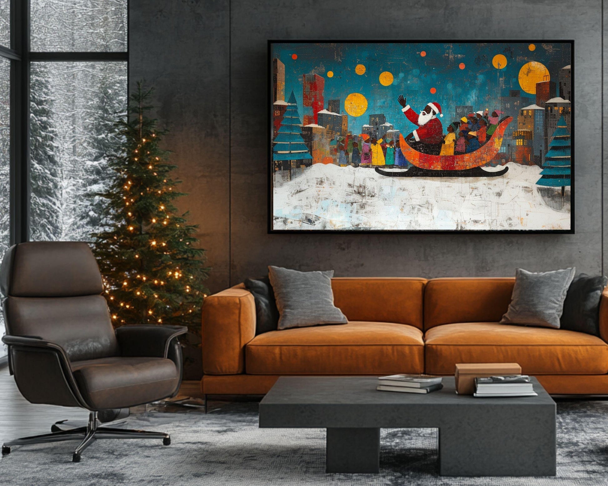 Black Santa Urban Christmas Art Canvas Print - Vibrant Holiday Decor for Kids Room - MoomZee Artwork -