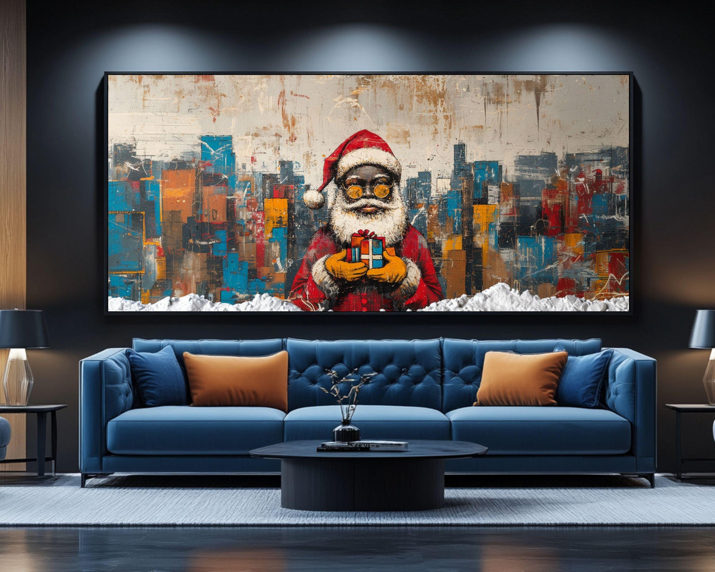 Black Santa Urban Christmas Canvas Print - Modern Abstract Holiday Decor for Living Room - MoomZee Artwork -