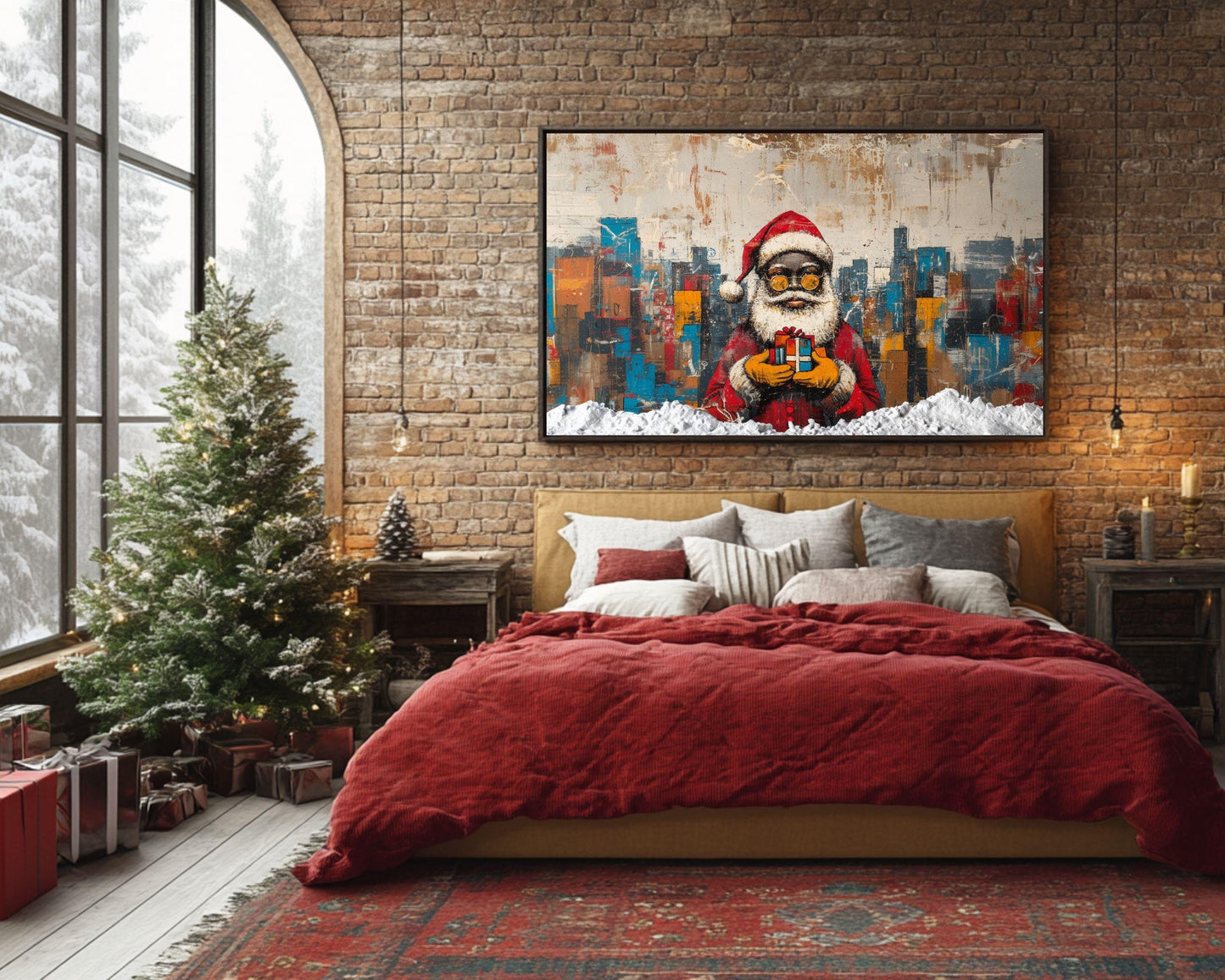 Black Santa Urban Christmas Canvas Print - Modern Abstract Holiday Decor for Living Room - MoomZee Artwork -