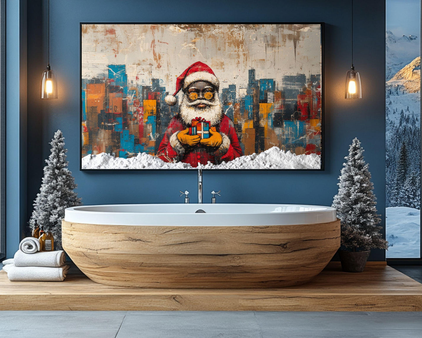 Black Santa Urban Christmas Canvas Print - Modern Abstract Holiday Decor for Living Room - MoomZee Artwork -