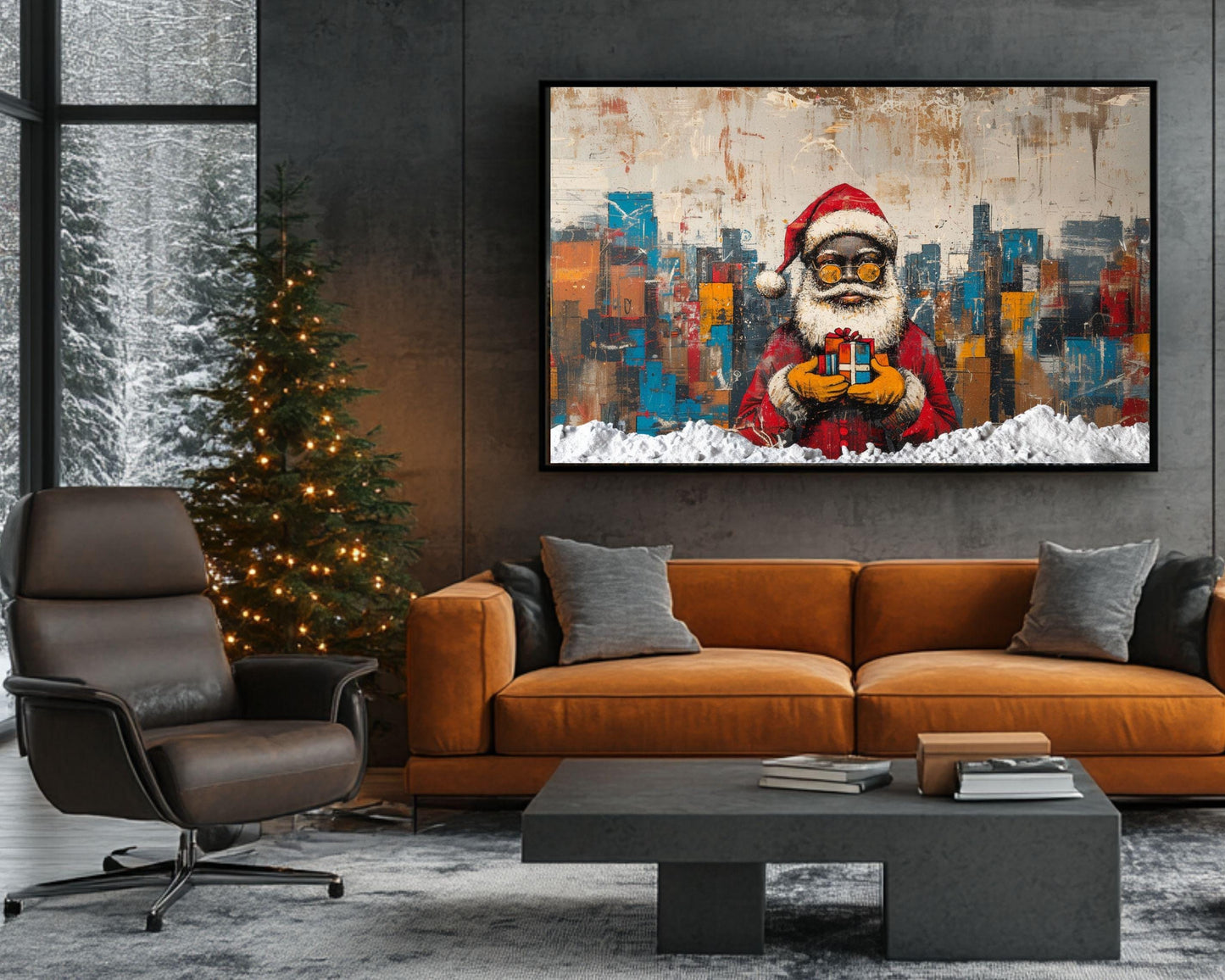 Black Santa Urban Christmas Canvas Print - Modern Abstract Holiday Decor for Living Room - MoomZee Artwork -