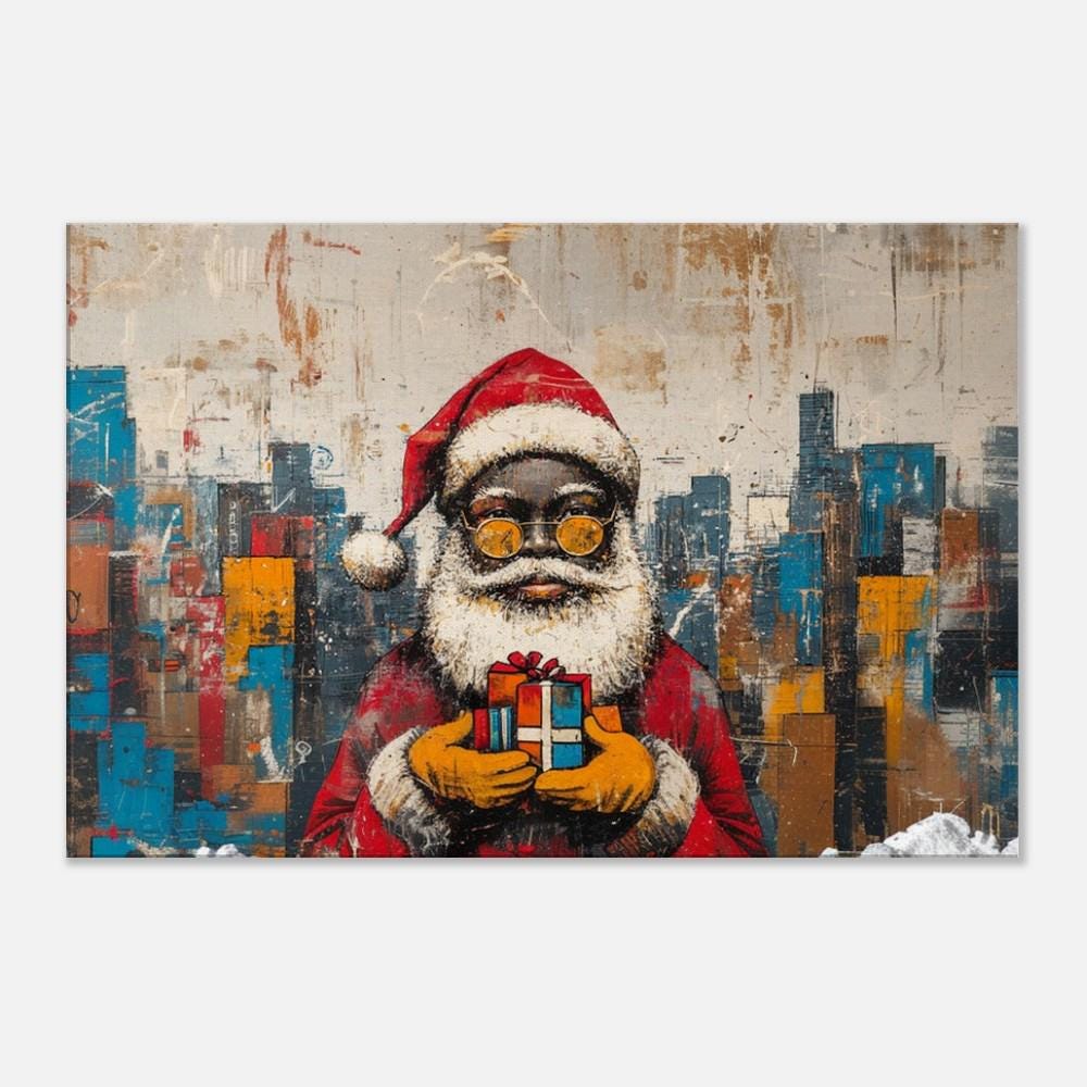 Black Santa Urban Christmas Canvas Print - Modern Abstract Holiday Decor for Living Room - MoomZee Artwork -