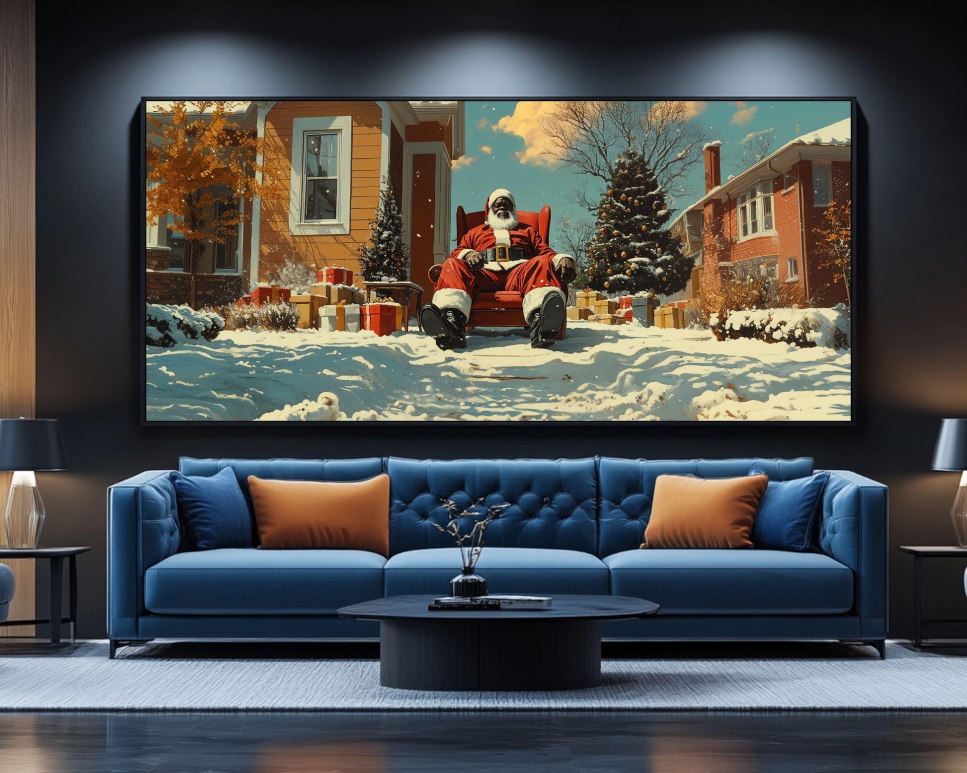 Black Santa Winter Art Canvas Print - Holiday Room Decor - MoomZee Artwork -