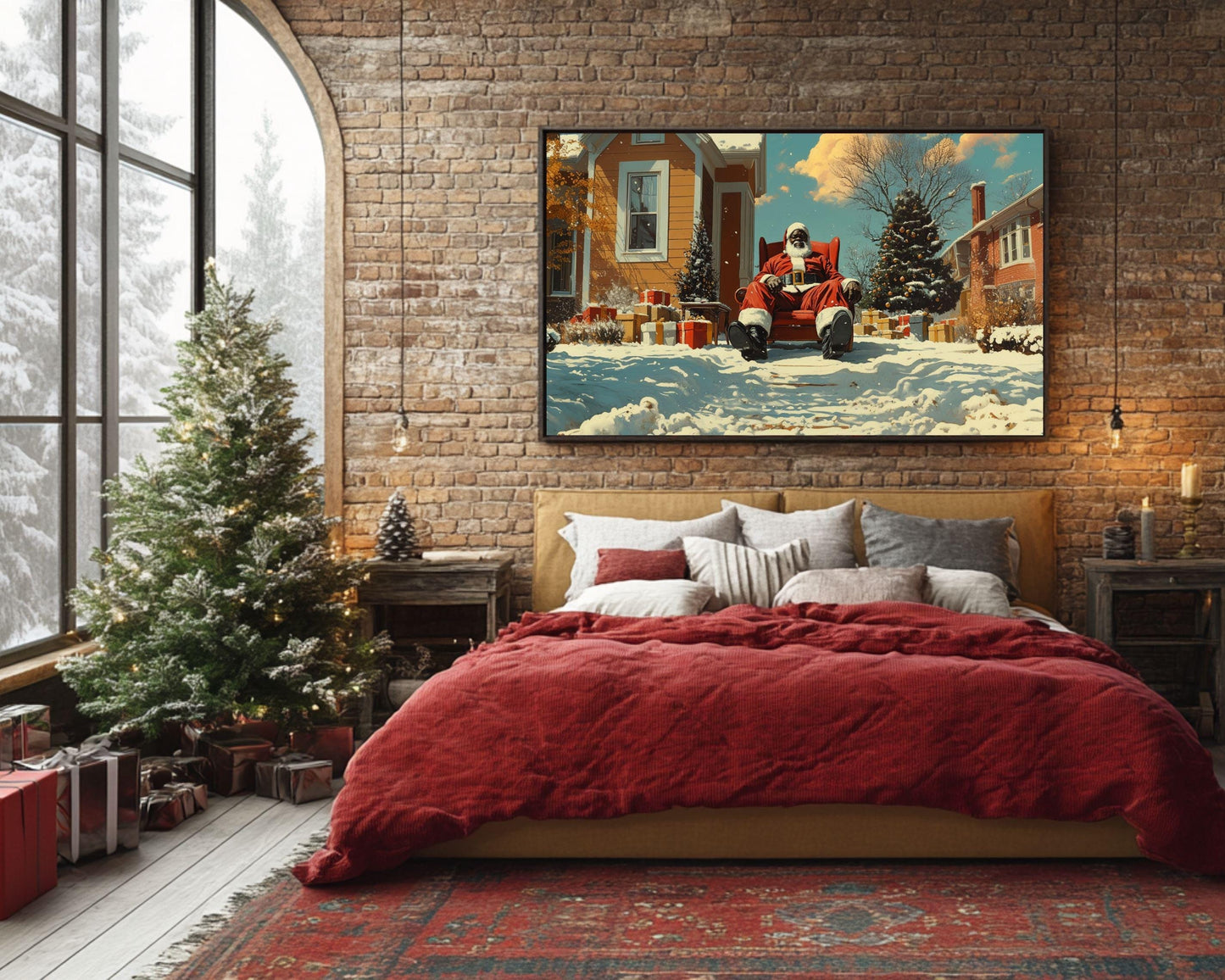 Black Santa Winter Art Canvas Print - Holiday Room Decor - MoomZee Artwork -