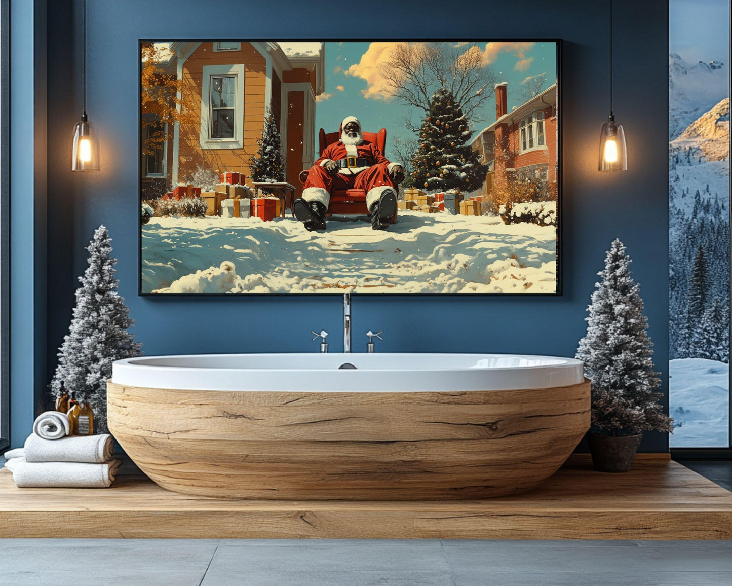 Black Santa Winter Art Canvas Print - Holiday Room Decor - MoomZee Artwork -