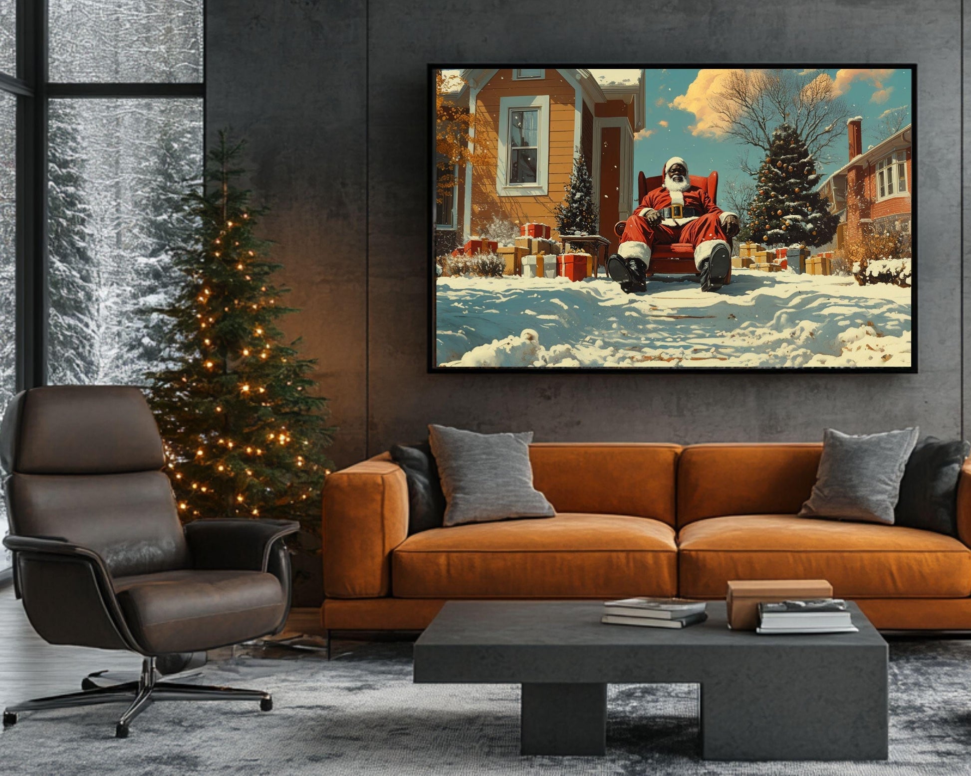 Black Santa Winter Art Canvas Print - Holiday Room Decor - MoomZee Artwork -