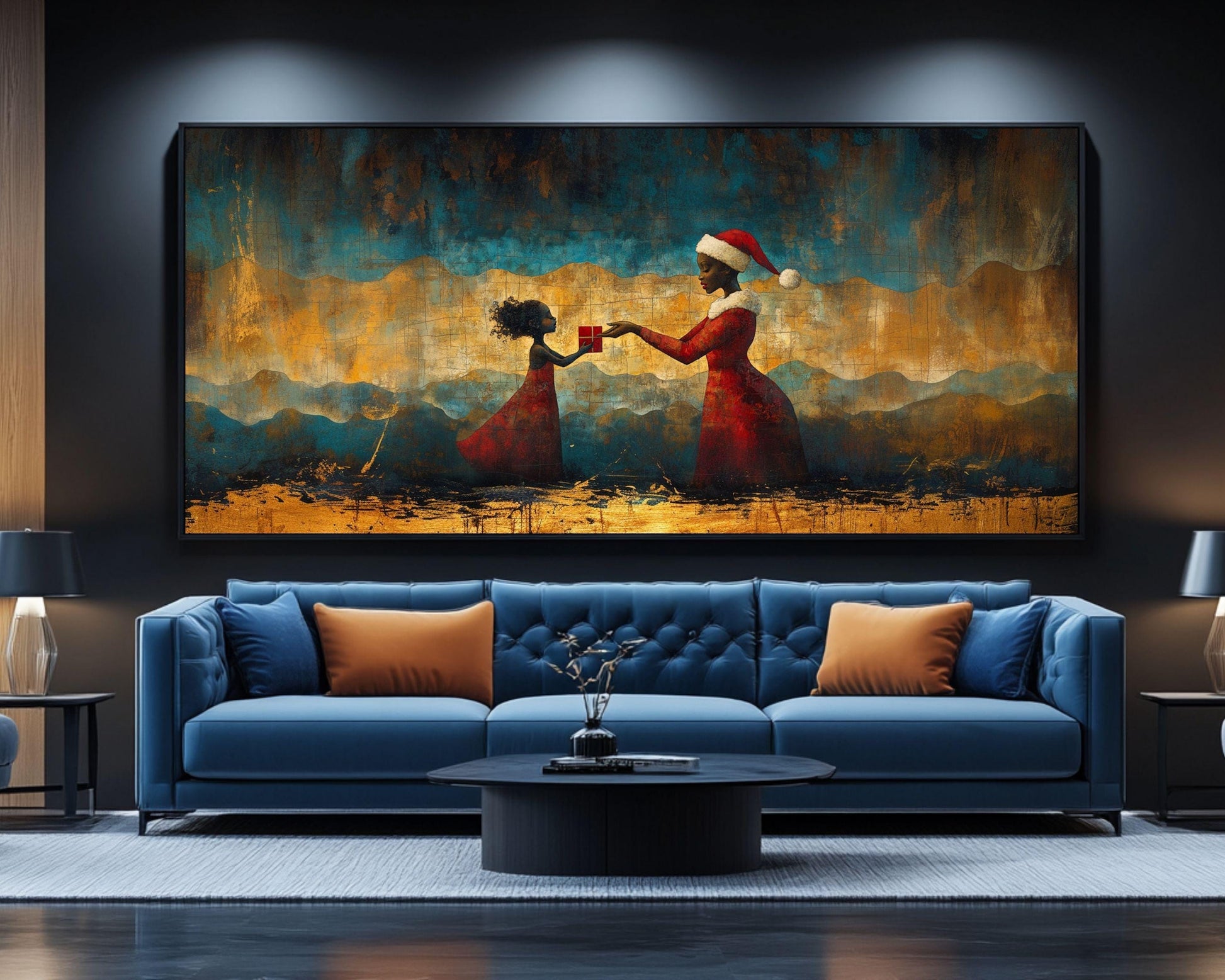 Black Santa and Child Christmas Canvas Print – Cultural Holiday Art for Living Room or Kids Room Decor - MoomZee Artwork -