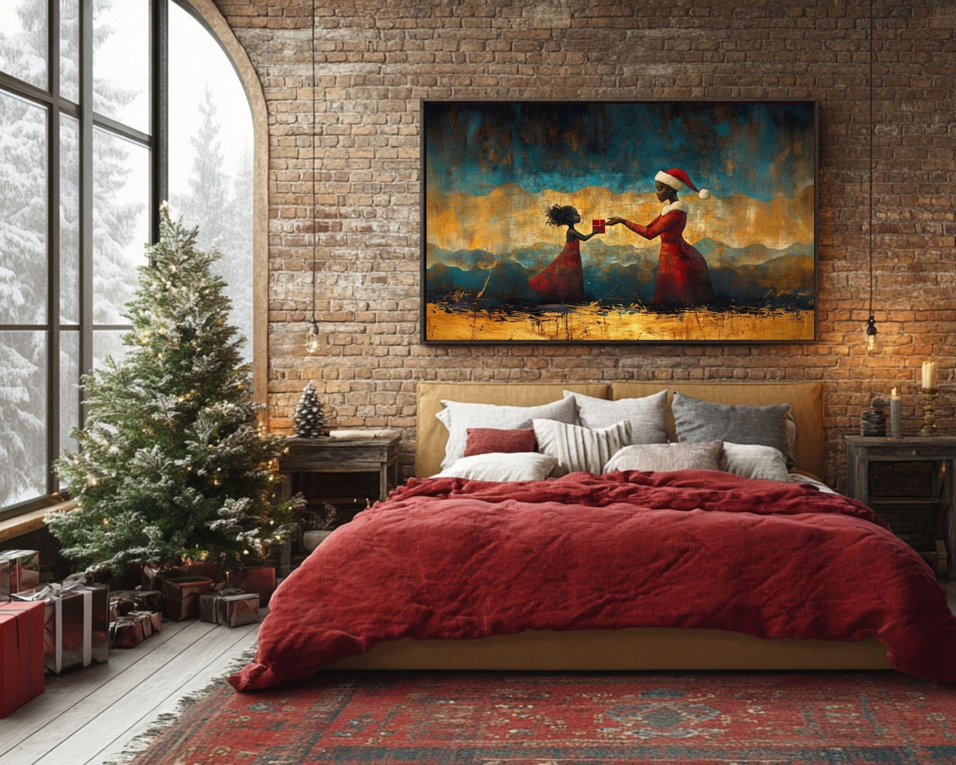 Black Santa and Child Christmas Canvas Print – Cultural Holiday Art for Living Room or Kids Room Decor - MoomZee Artwork -