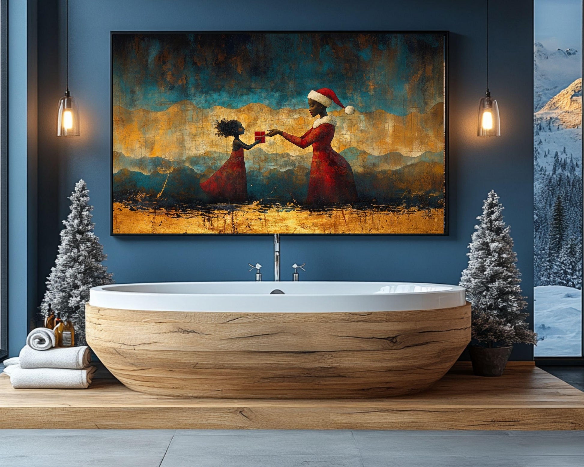 Black Santa and Child Christmas Canvas Print – Cultural Holiday Art for Living Room or Kids Room Decor - MoomZee Artwork -