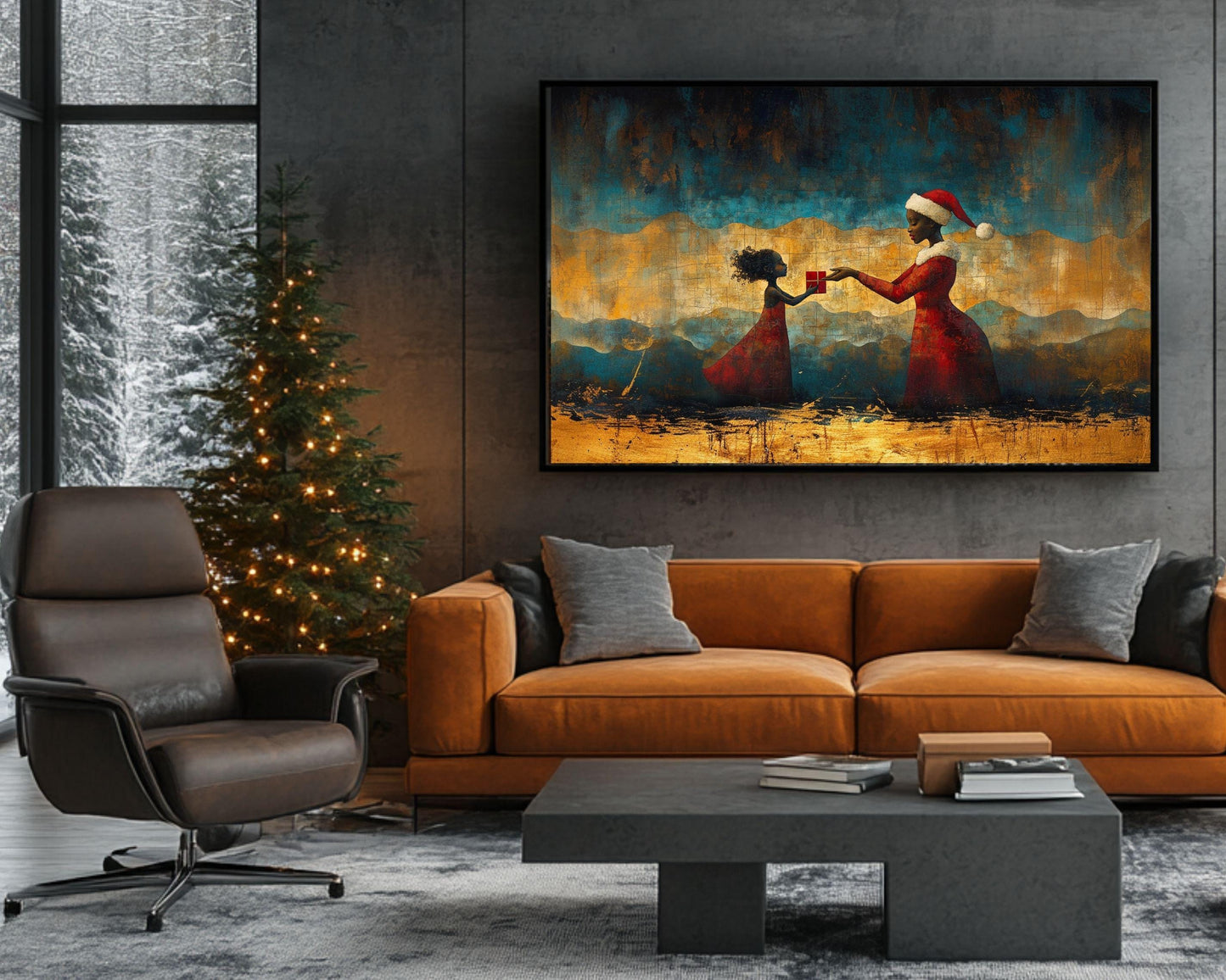 Black Santa and Child Christmas Canvas Print – Cultural Holiday Art for Living Room or Kids Room Decor - MoomZee Artwork -