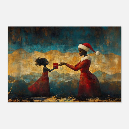 Black Santa and Child Christmas Canvas Print – Cultural Holiday Art for Living Room or Kids Room Decor - MoomZee Artwork -