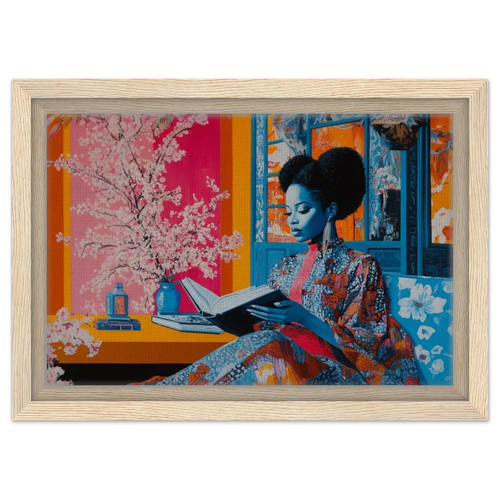 Black Woman Reading Framed Canvas Print - Cultural Living Room & Library Decor - MoomZee Artwork -