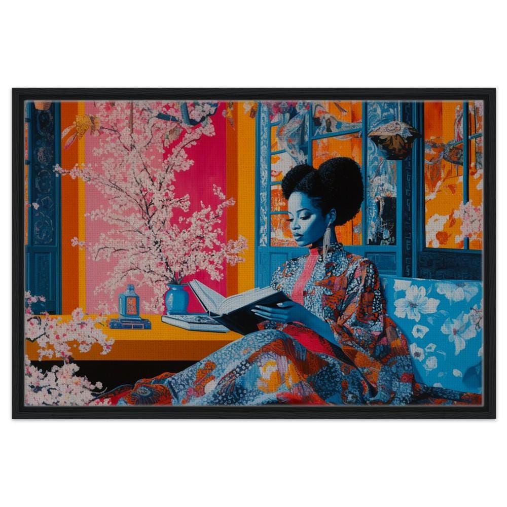 Black Woman Reading Framed Canvas Print - Cultural Living Room & Library Decor - MoomZee Artwork -