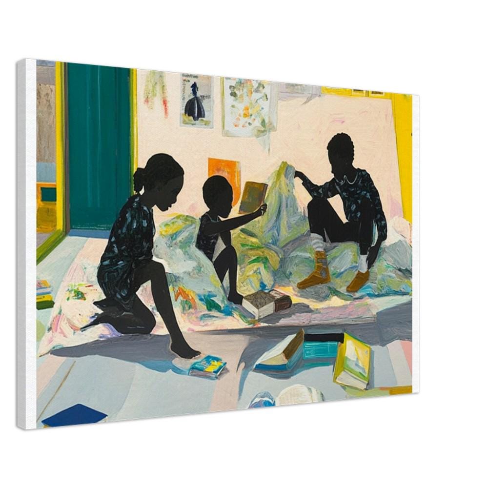 Canvas Print of Black Siblings Reading - Kids Room Decor, Educational Art for Child's Room, Library, or Study - MoomZee Artwork -