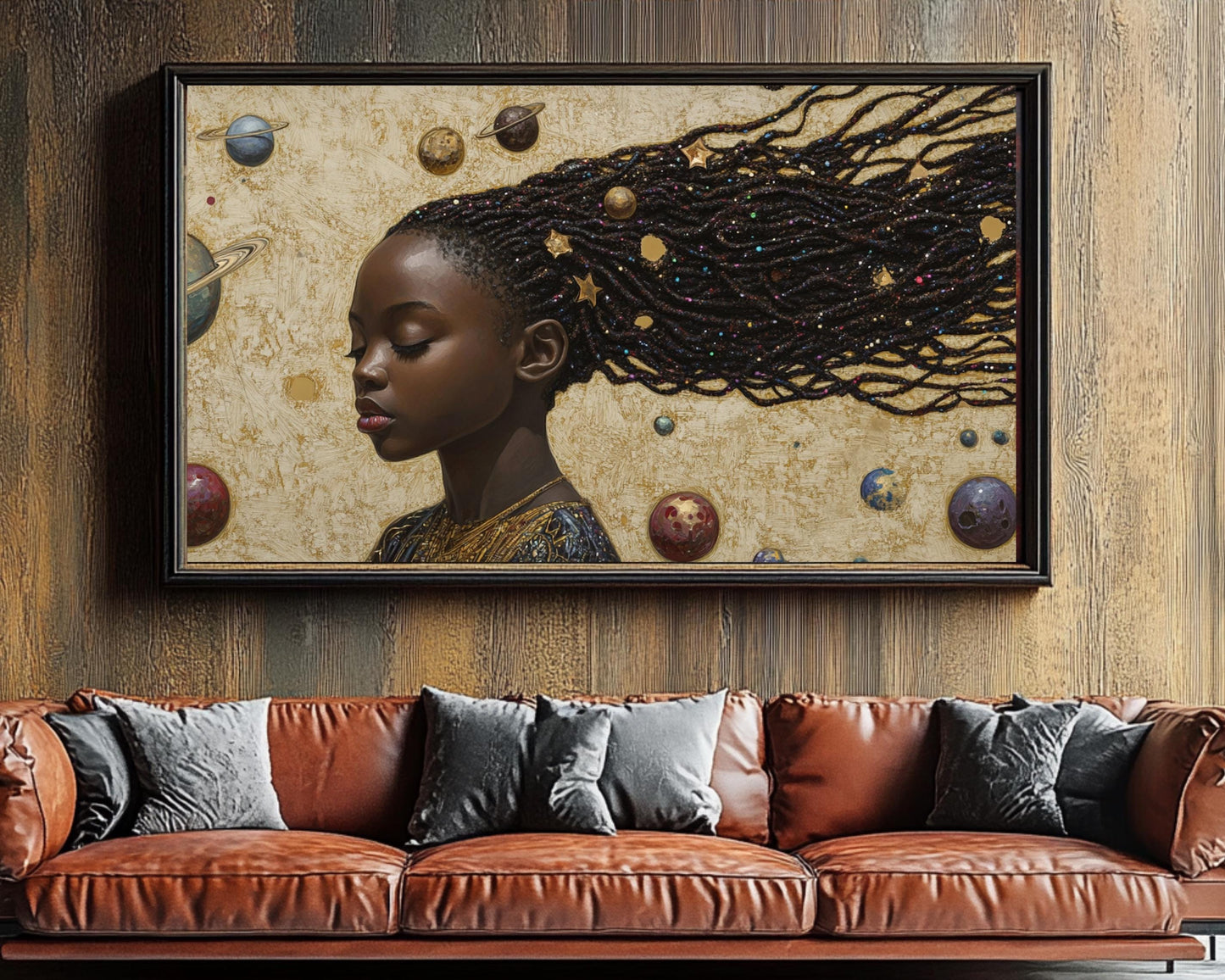 Celestial Beauty Canvas Print: African American Girl's Starscape for Kids Room Decor - MoomZee Artwork -