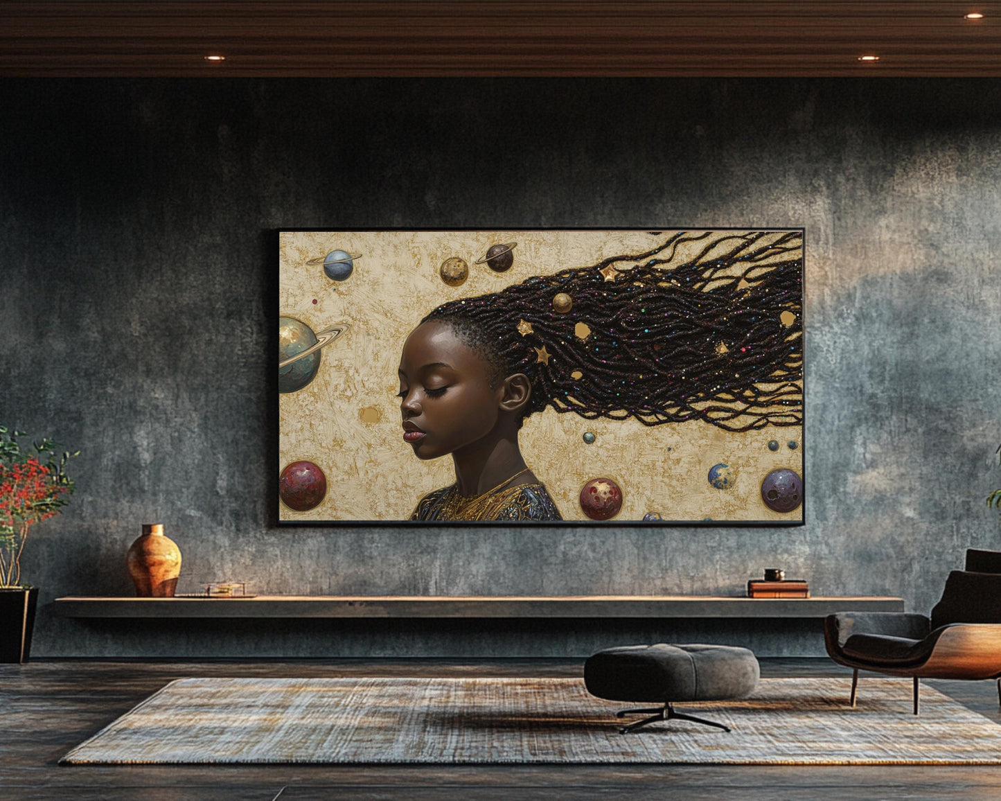 Celestial Beauty Canvas Print: African American Girl's Starscape for Kids Room Decor - MoomZee Artwork -