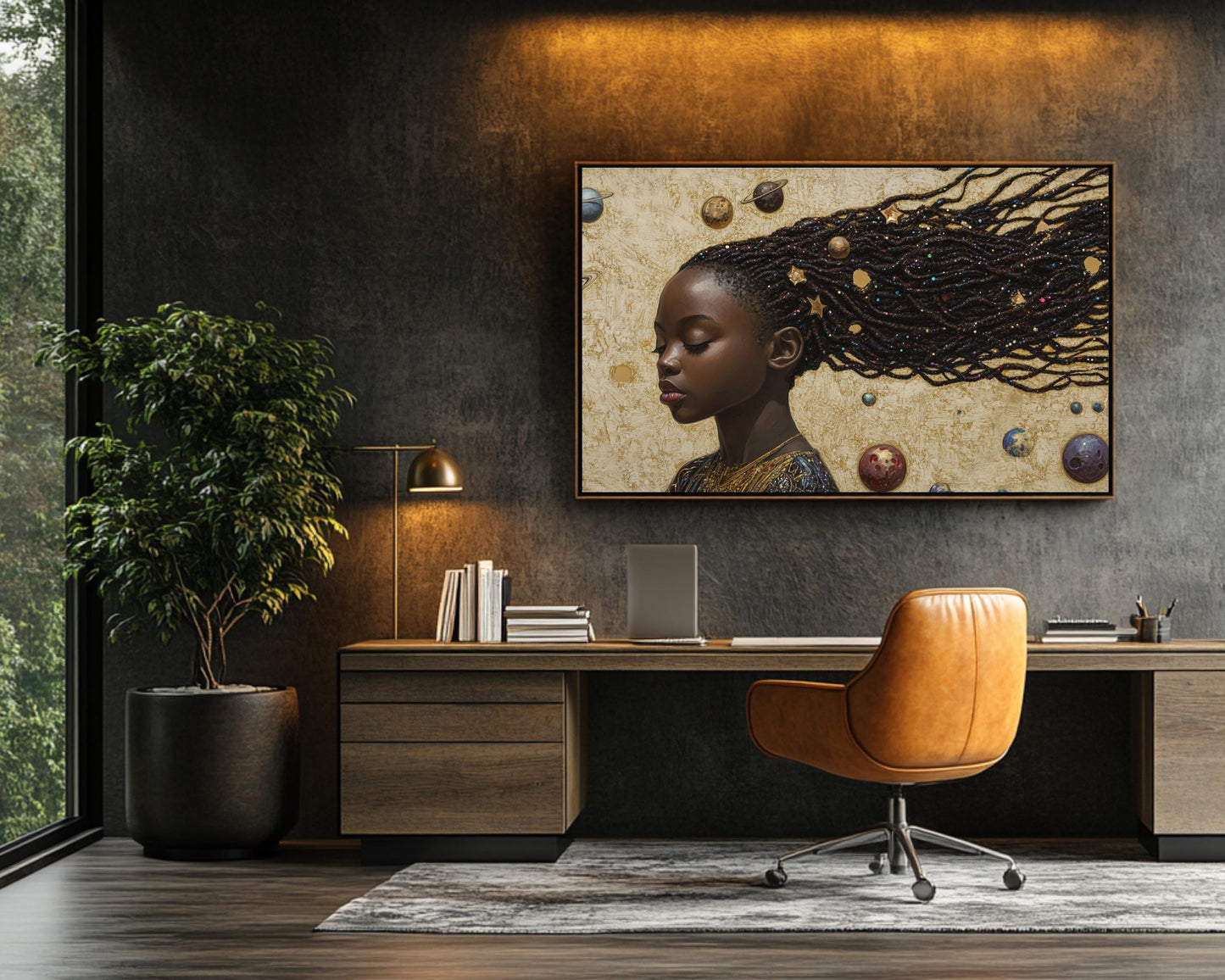 Celestial Beauty Canvas Print: African American Girl's Starscape for Kids Room Decor - MoomZee Artwork -