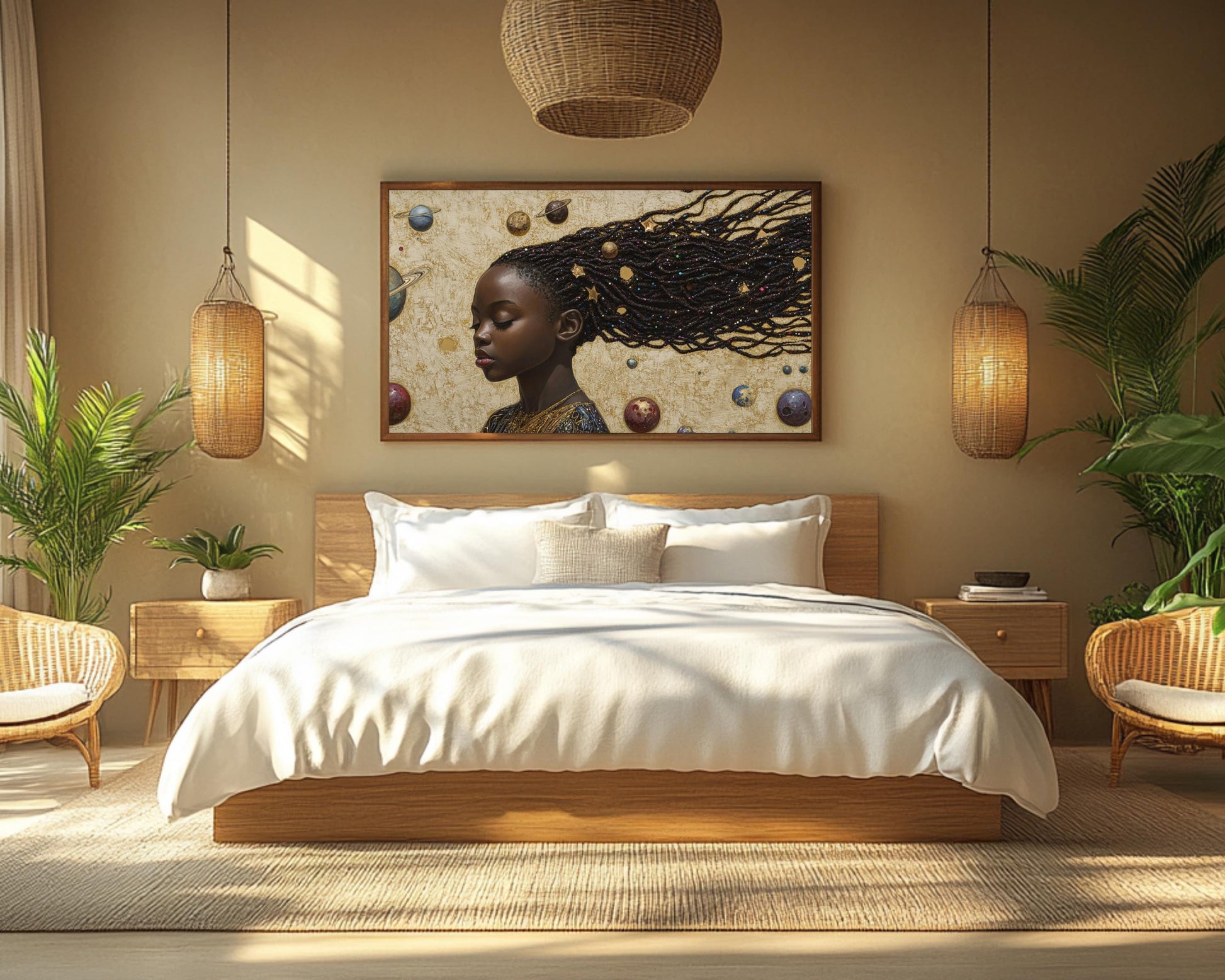 Celestial Beauty Canvas Print: African American Girl's Starscape for Kids Room Decor - MoomZee Artwork -