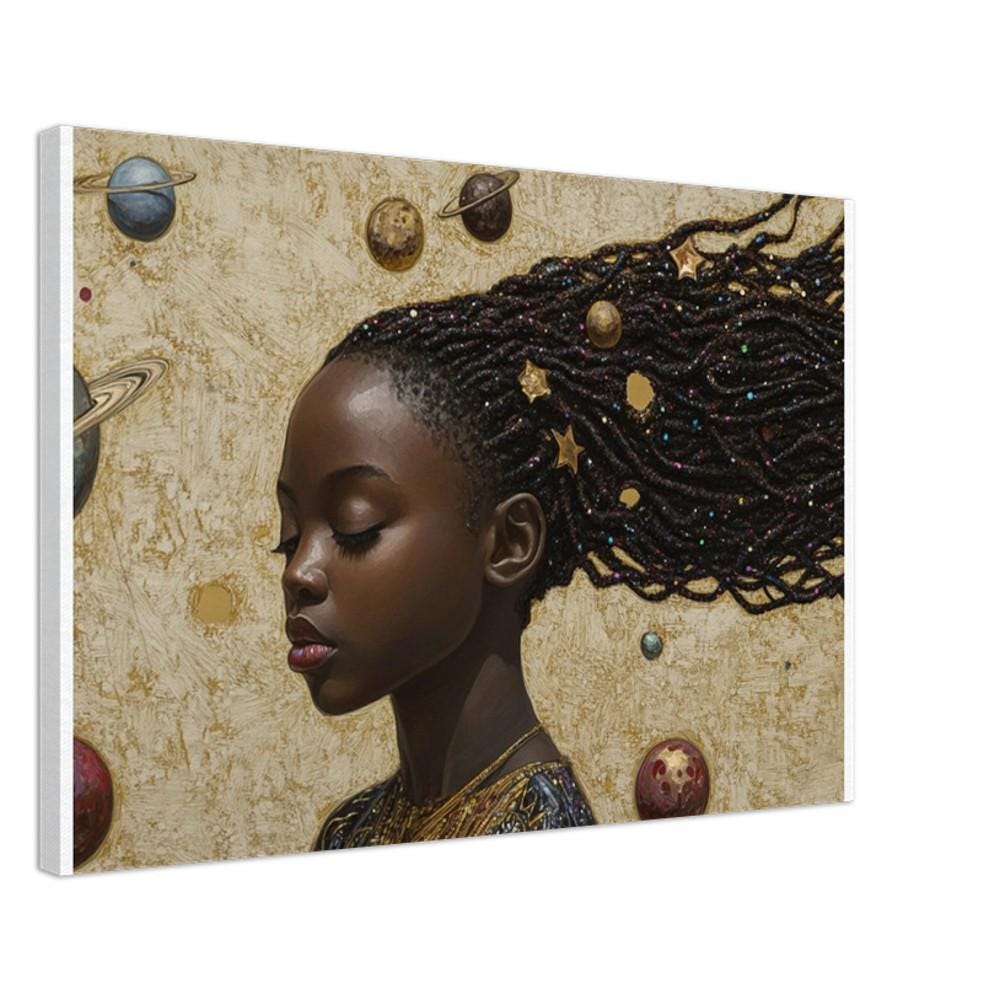 Celestial Beauty Canvas Print: African American Girl's Starscape for Kids Room Decor - MoomZee Artwork -