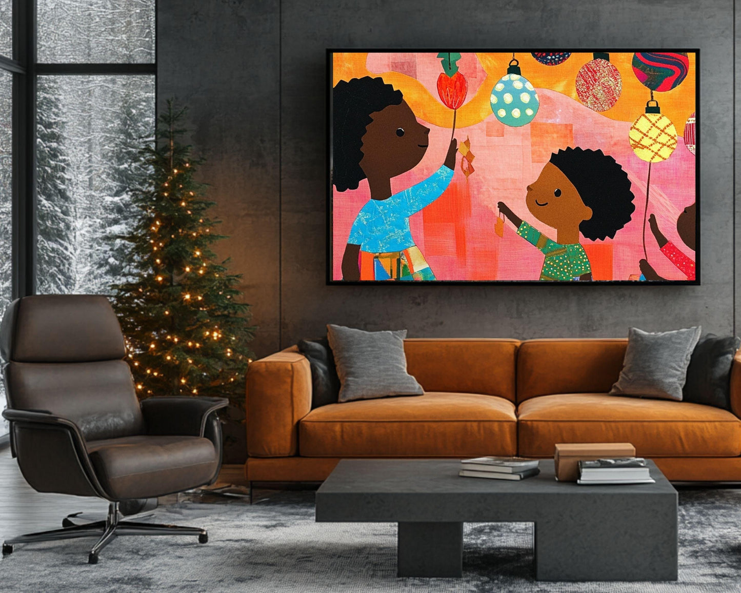 Christmas Canvas Print - Black Children Ornament Hanging - Quilted Festive Decor for Kids Room - MoomZee Artwork -