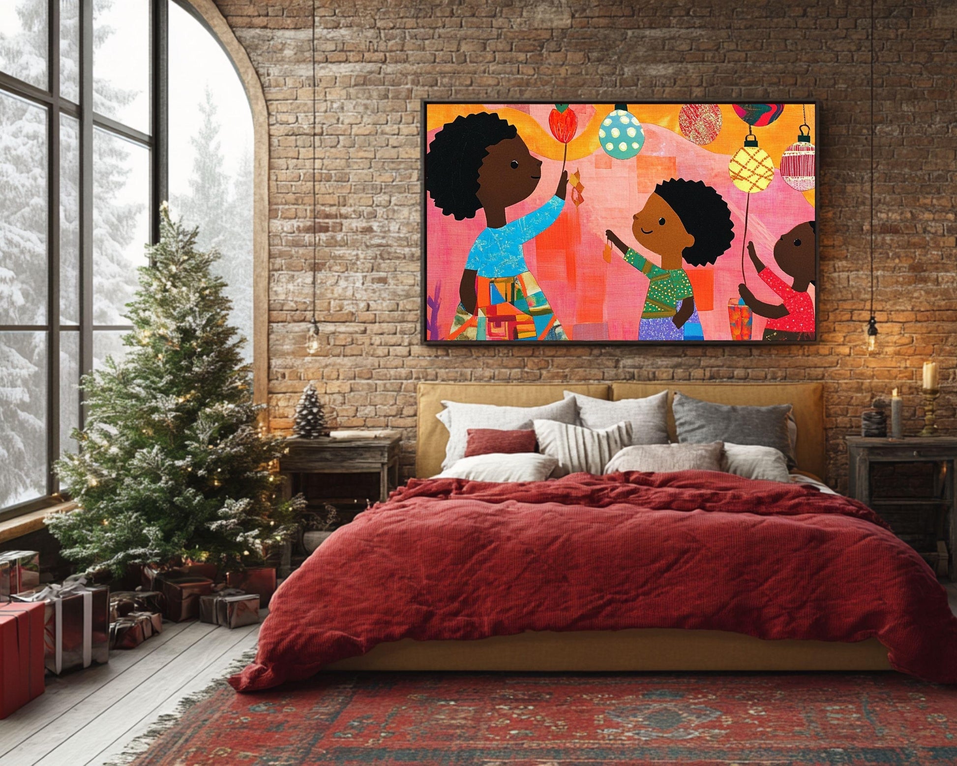 Christmas Canvas Print - Black Children Ornament Hanging - Quilted Festive Decor for Kids Room - MoomZee Artwork -