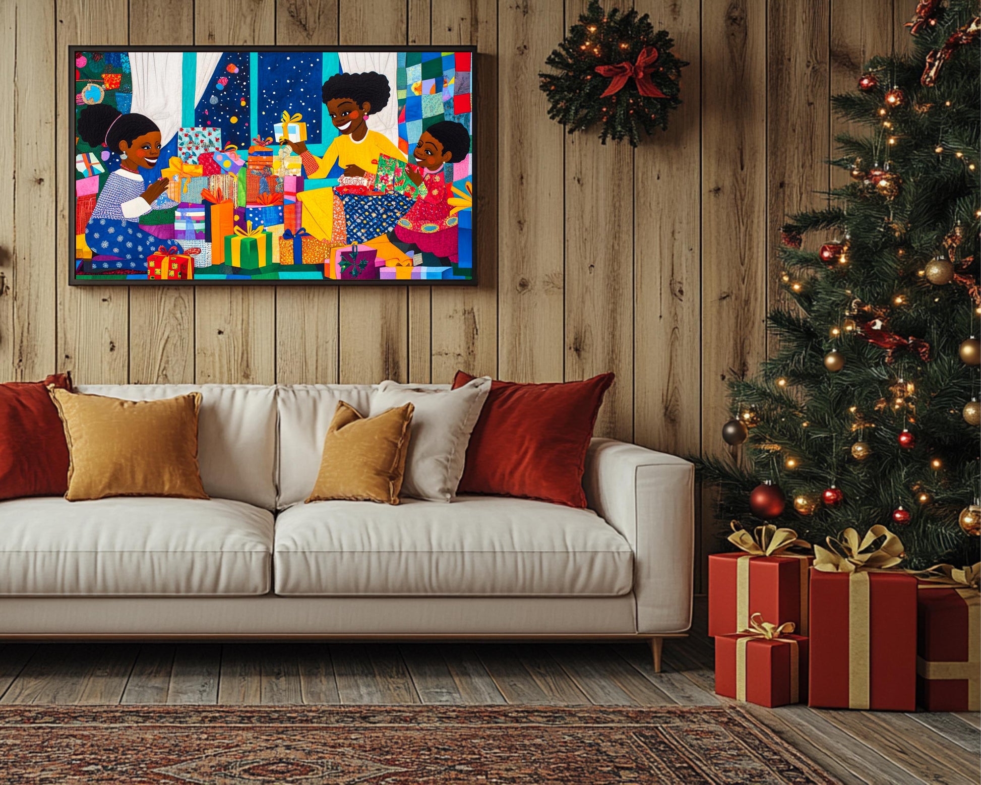 Christmas Canvas Print - Black Family Christmas Joy Quilt Art for Home Decor & Gifts - MoomZee Artwork -