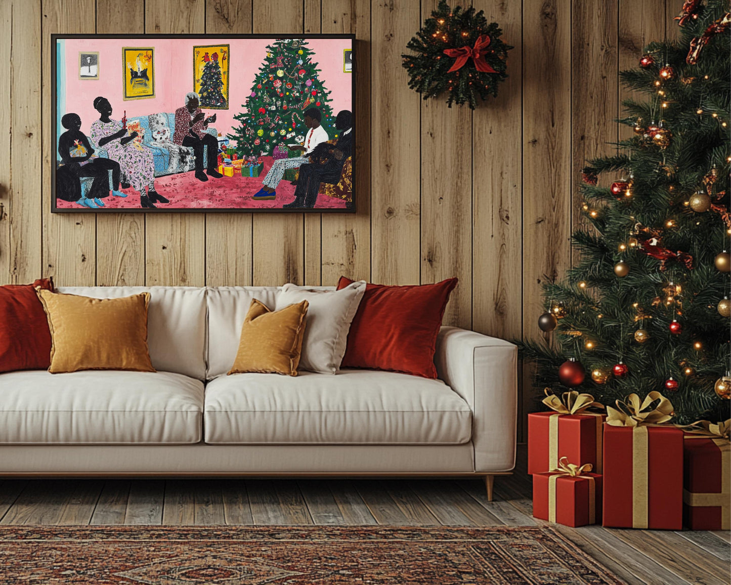 Christmas Canvas Print - Black Family Holiday Scene for Living Room Decor - MoomZee Artwork -