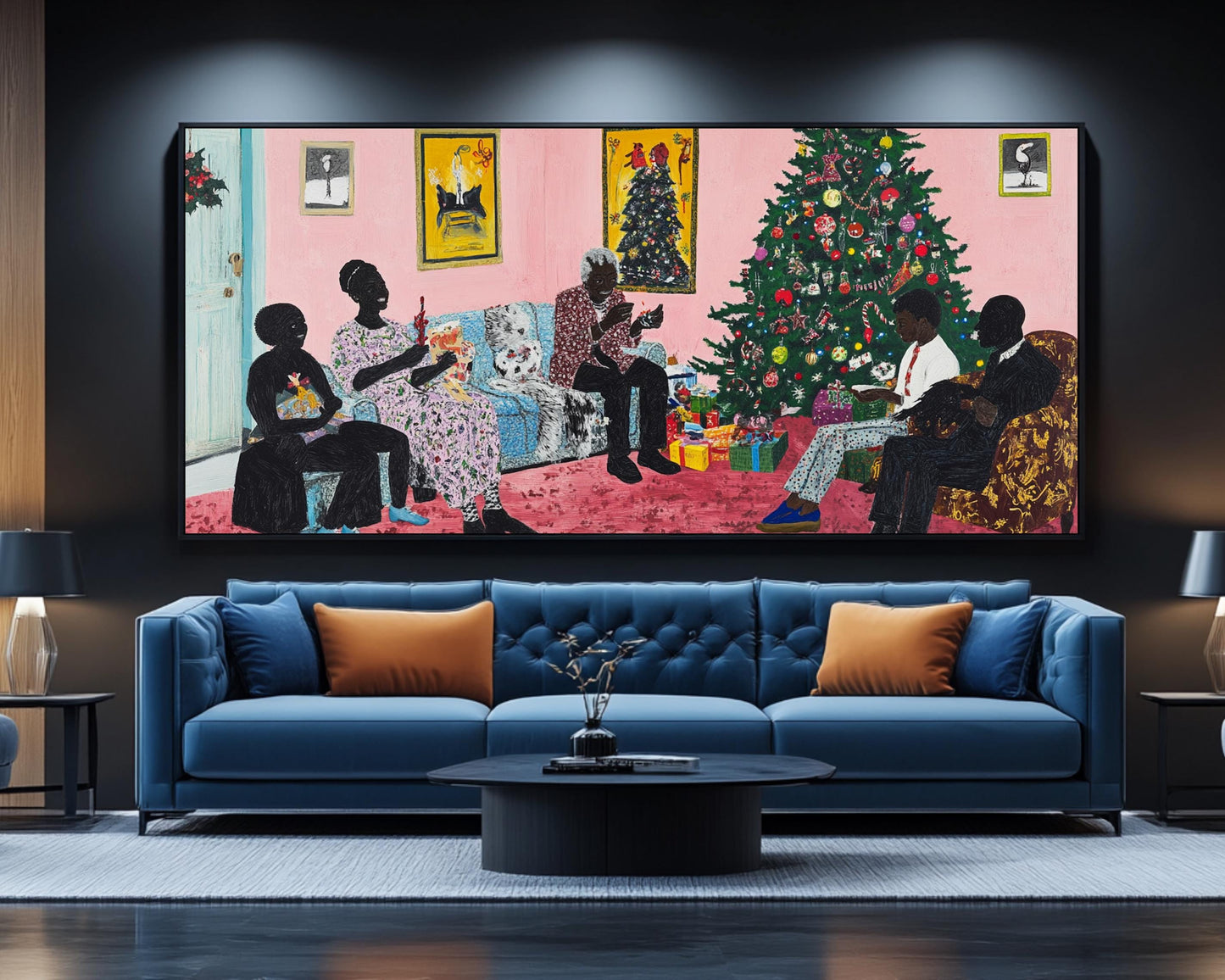 Christmas Canvas Print - Black Family Holiday Scene for Living Room Decor - MoomZee Artwork -